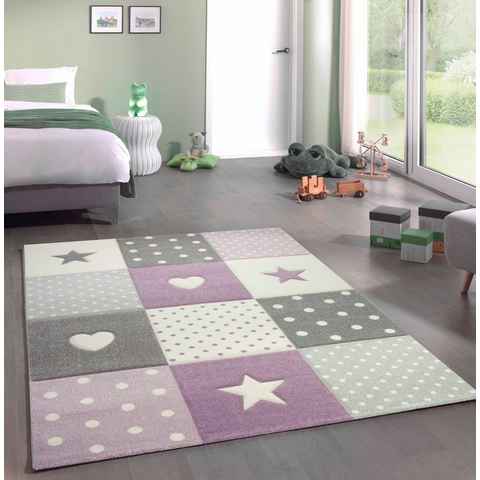 Kinderteppich Kinderzimmer Teppich Spiel & Baby Teppich Herz Stern Punkte Design in lila grau creme, Teppich-Traum, rechteckig, Höhe: 13 mm
