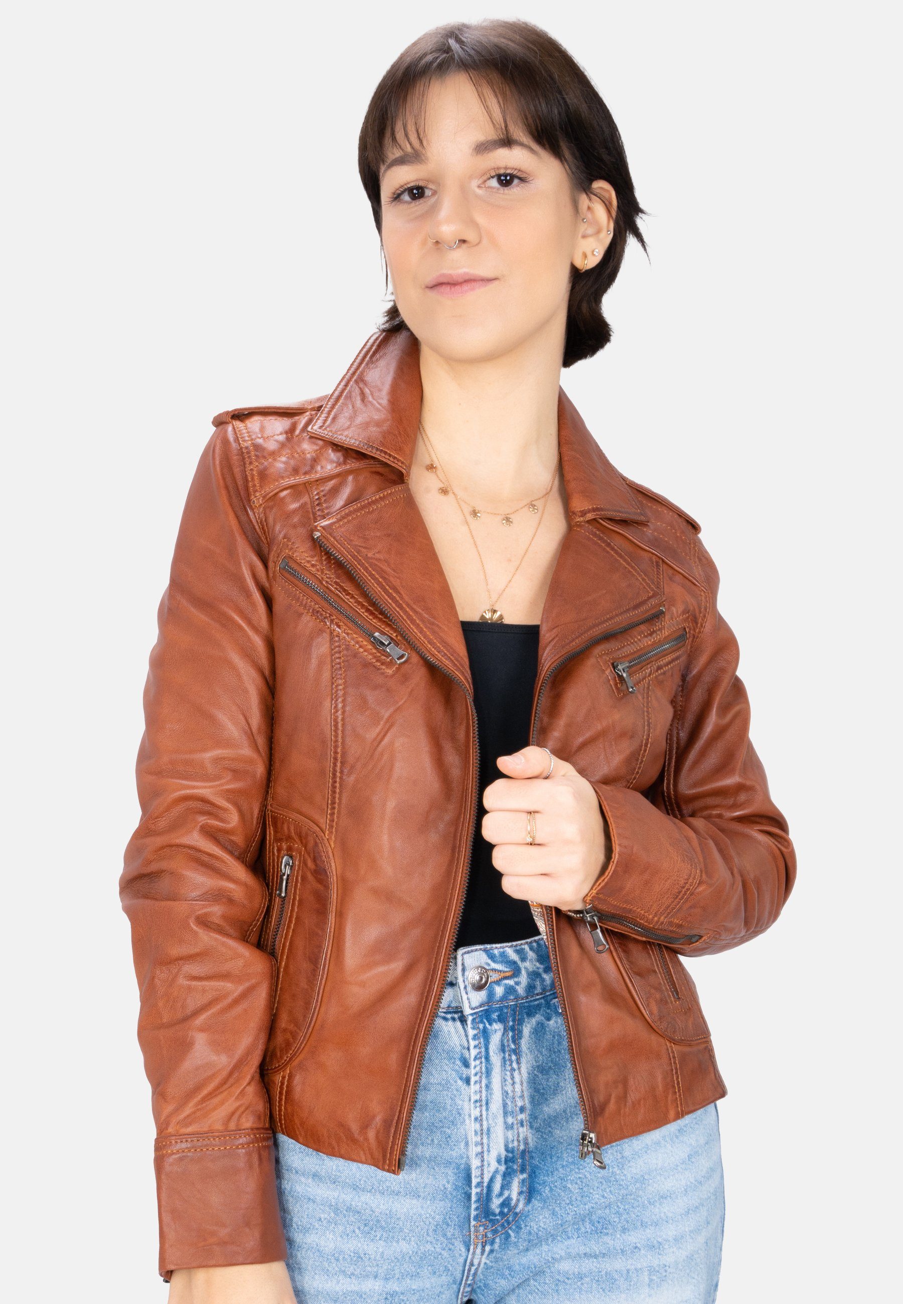 Lolus Lederjacke Mariah mit Reverskragen Biker cognac Lederjacke Damen Kurze