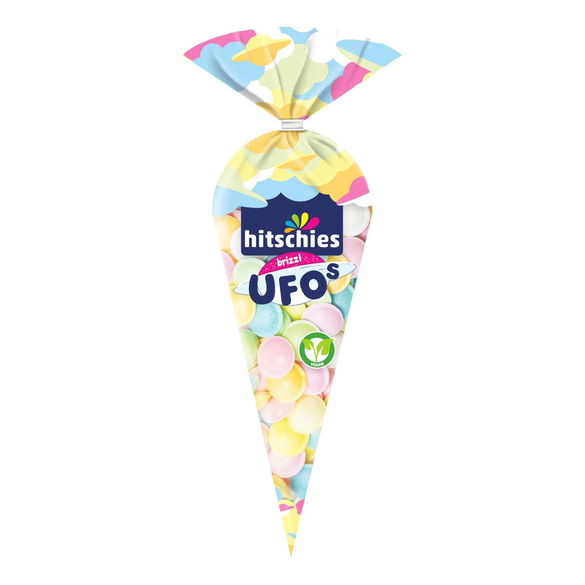 hitschies Süßigkeit, hitschies brizzl Ufos mit Fruchtgeschmack Brausefüllung Packung 75g