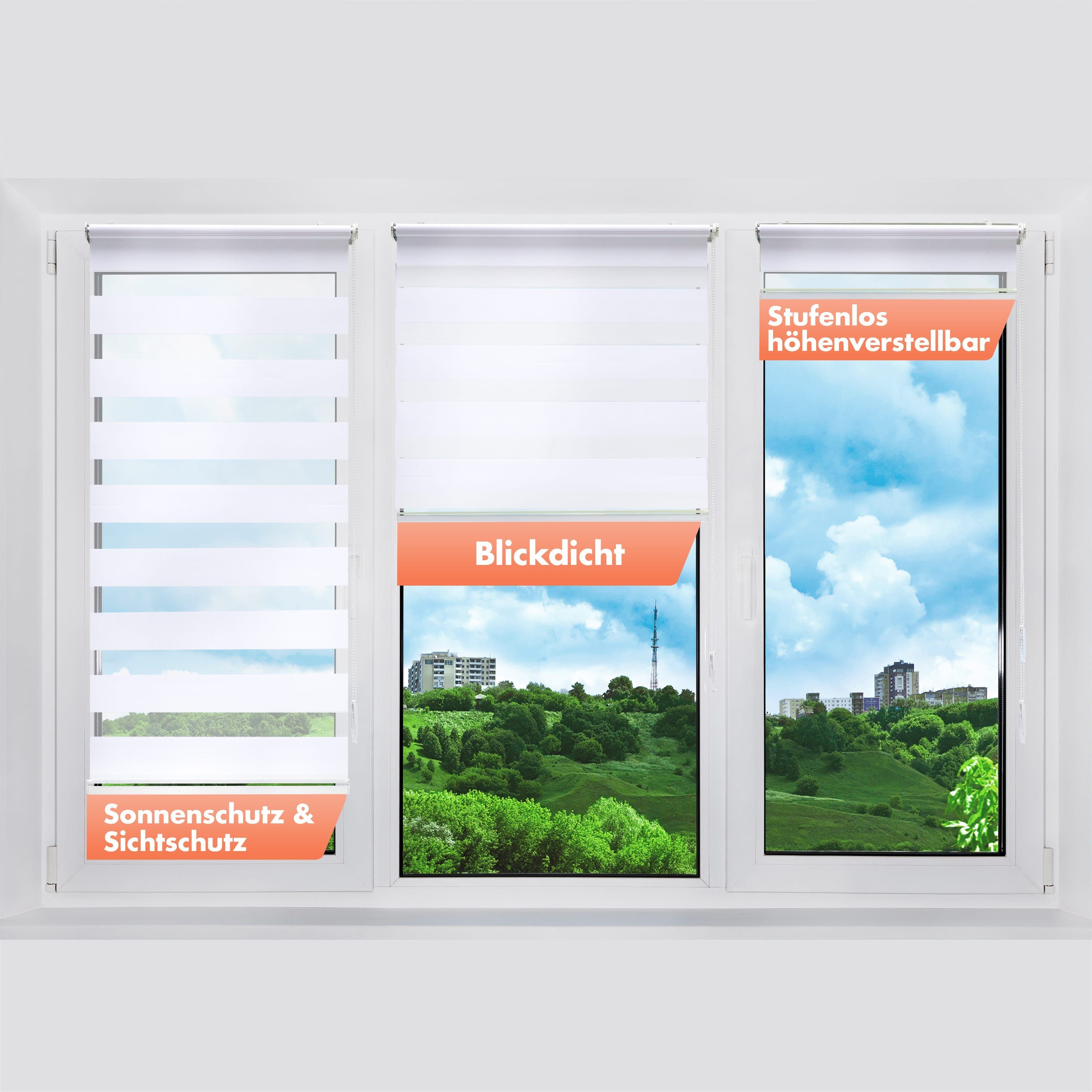 Doppelrollo Duorollo mit Bohren, Fenster, Bailena, ohne blickdicht Lichtschutz, weiß Klemmrollos freihängend, für Klemmfix, Klemmträger