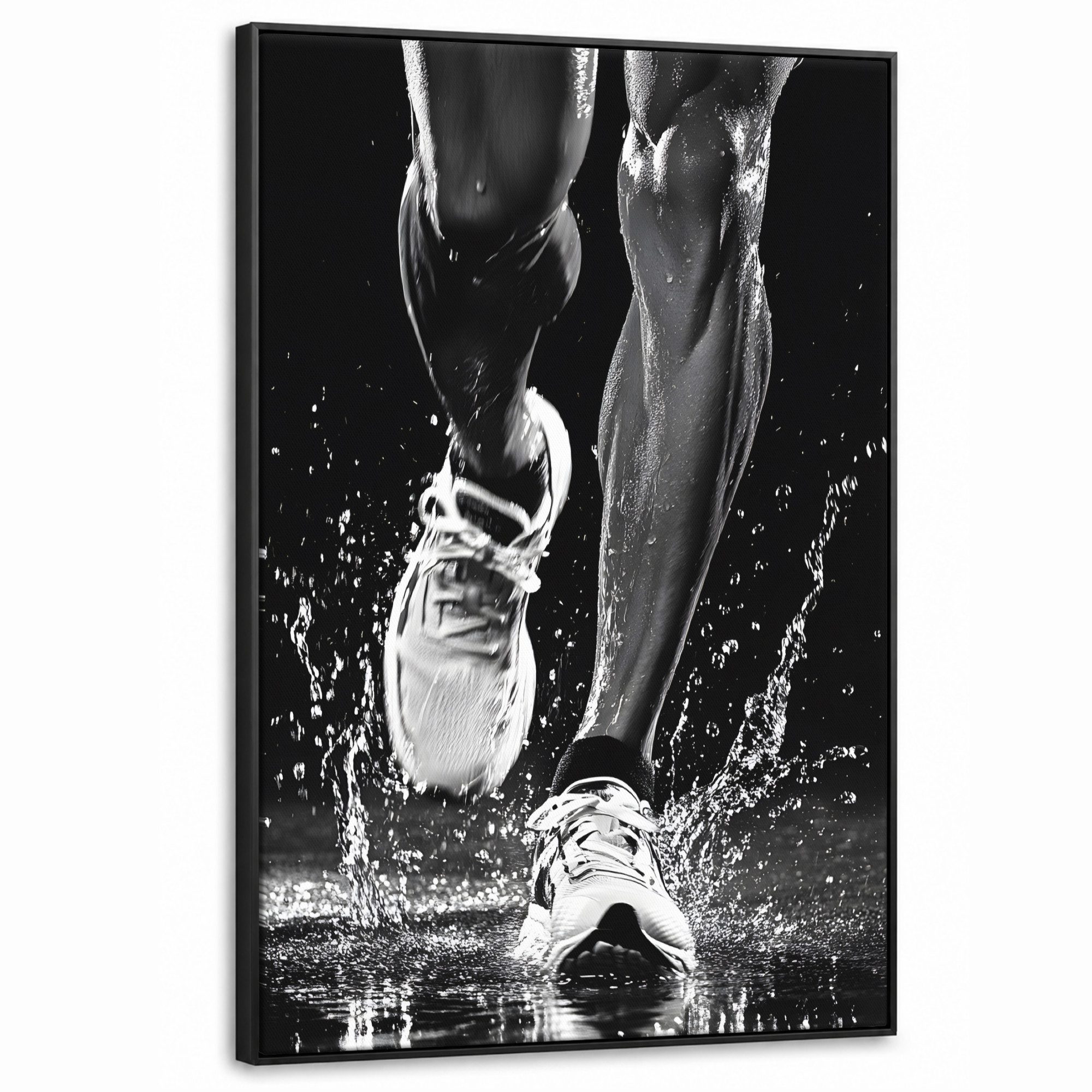 OneMillionCanvasses® Leinwandbild mit Rahmen - Laufschuhe - Laufen - Drops - Schwarz, Fotodruck (1 St), Wandbild XXL für Wohnzimmer Küche 90x140cm