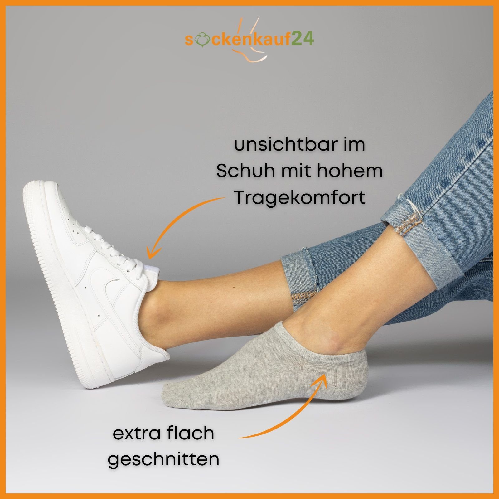 sockenkauf24 Sneakersocken 10 Paar Damen & Herren Füßlinge unsichtbare kurze Socken (Grau, 43-46) mit Silikonpad gegen Verrutschen - 16805 WP