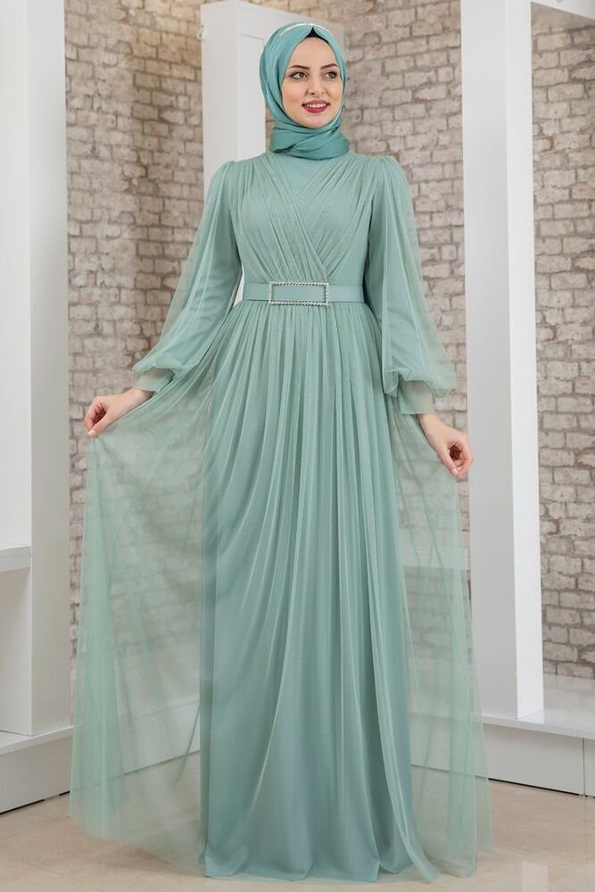 Modavitrini Abendkleid Damen Tüllkleid Abiye Abaya Hijab Kleid langärmliges Maxikleid mit Gürtel Mint