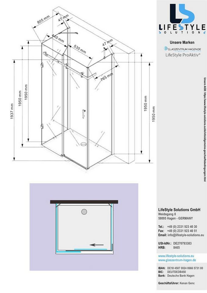 Thumbnail - Glaszentrum Hagen Eckdusche Glaszentrum Hagen - 90x100x90x195 cm - Hebe Duschkabine - Dusche Dusch