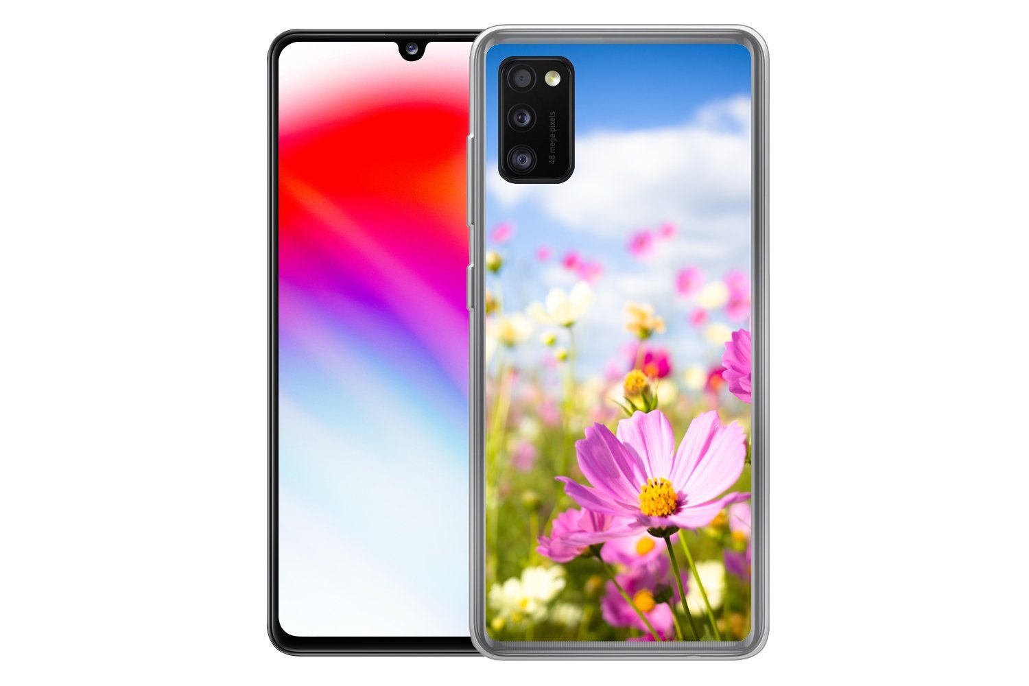 MuchoWow Handyhülle für Samsung Galaxy A41 Blumen - Wiese - Lila - Gras - Weiß - Wolken -, Smartphone-Bumper, Print, Handy Schutzhülle Dünn