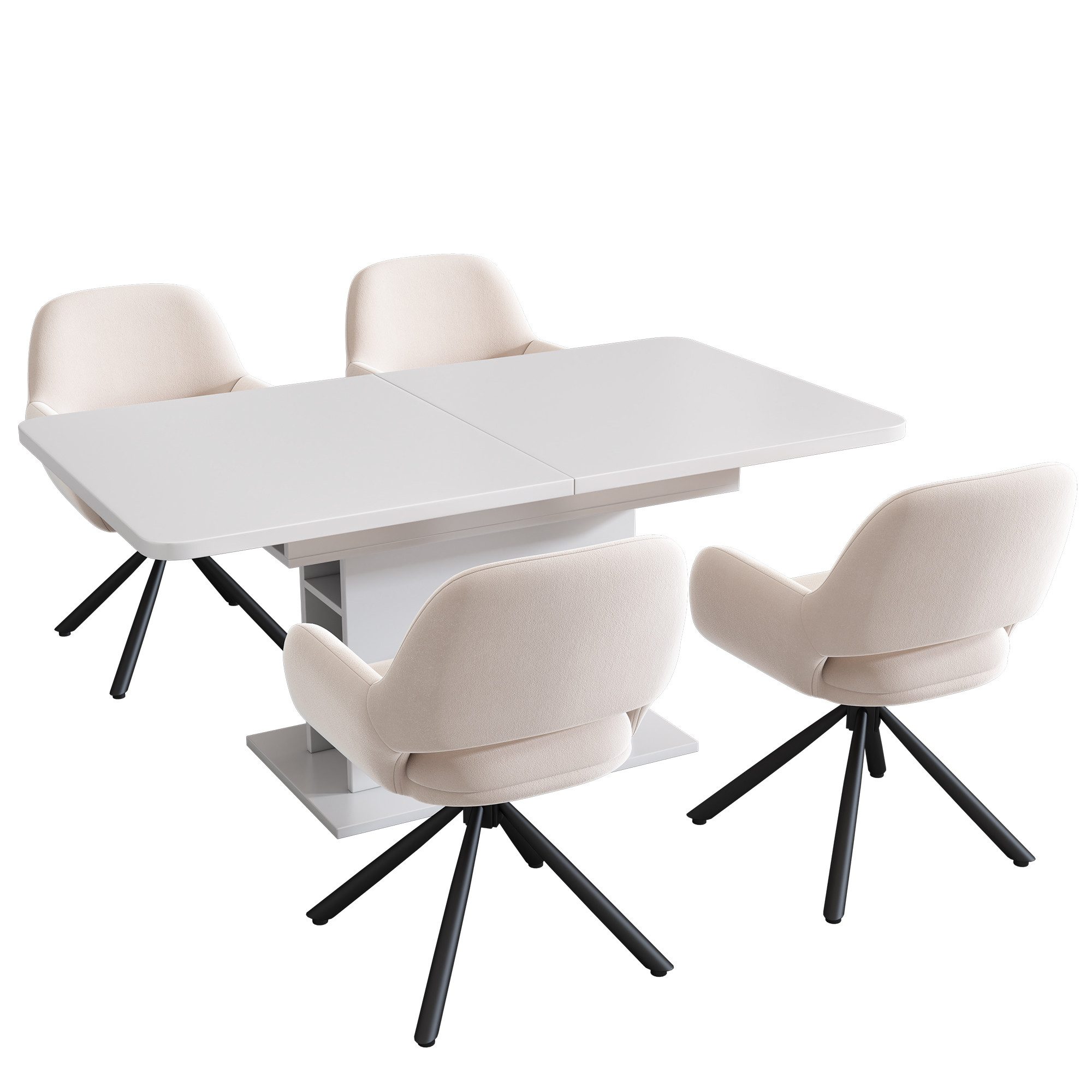 Flieks Essgruppe, (Sitzgruppe, Set, 5-tlg., Drehstuhl, Tischplatte 110-130cm mit Regal mit Stauraum), ausziehbar Esstisch mit 4 Stühlen Set Küchetisch Esszimmerstuhl, weiß