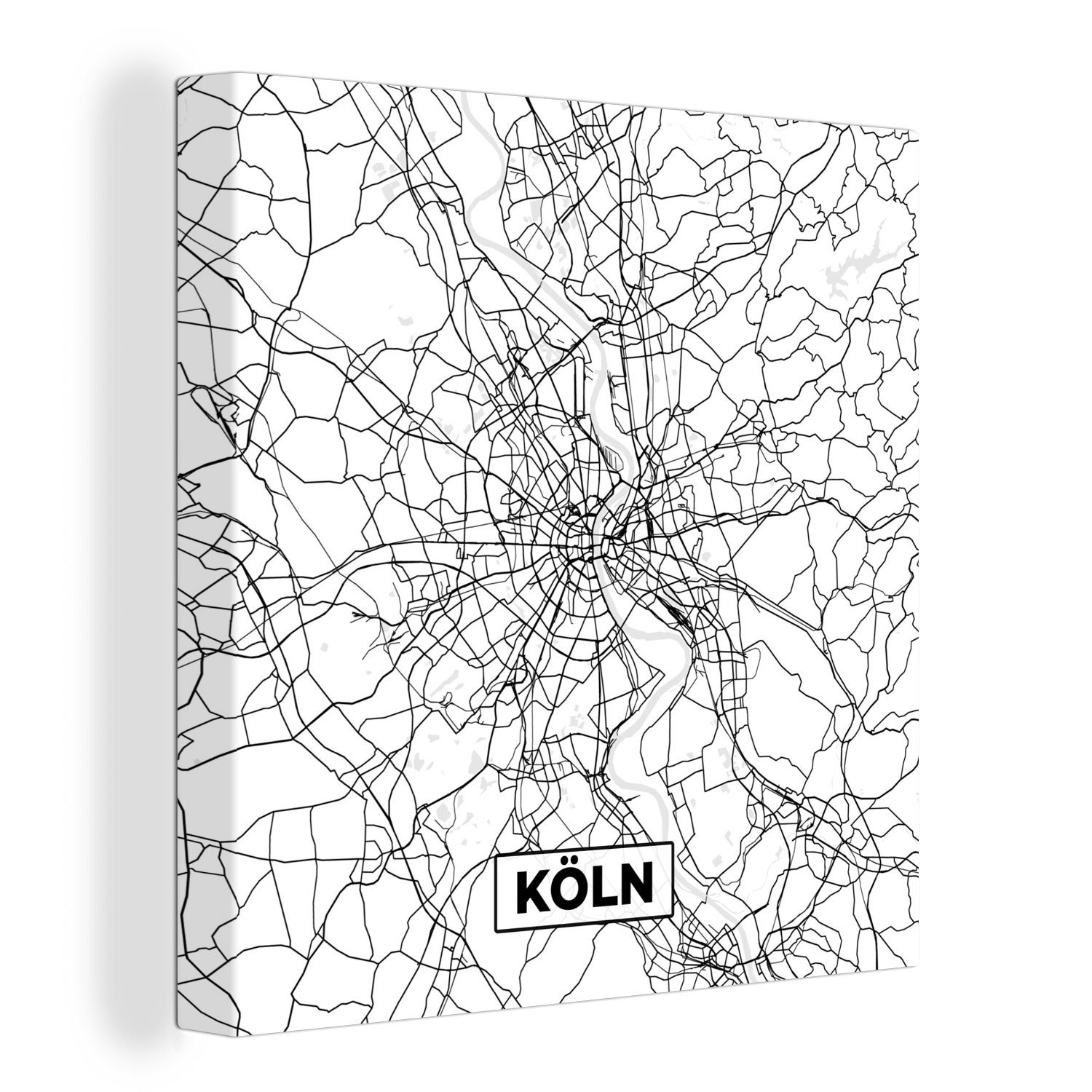 OneMillionCanvasses® Leinwandbild Köln - Karte - Stadtplan - Karte, (1 St), Leinwand Bilder für Wohnzimmer Schlafzimmer | Leinwandbilder