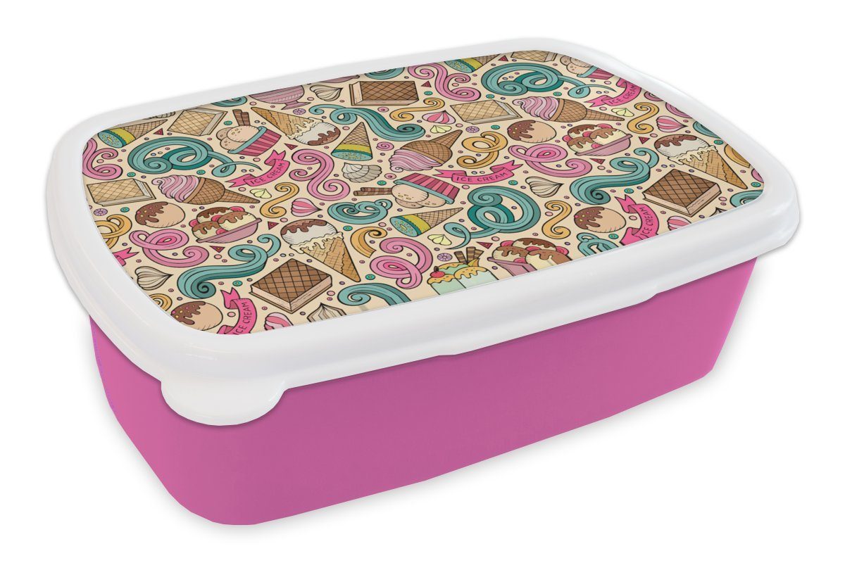 MuchoWow Lunchbox Muster - Waffel - Eiscreme, Kunststoff, (2-tlg), Brotbox für Erwachsene, Brotdose Kinder, Snackbox, Mädchen, Kunststoff rosa