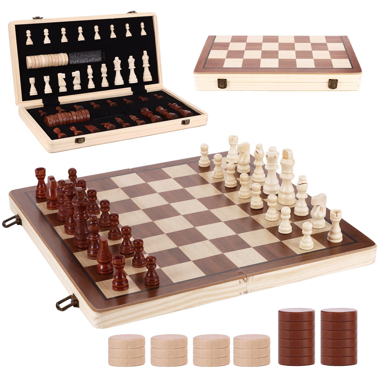 BlingBin Spiel Schachspiel faltbar 2 in 1 Schachbrett mit 34 Schachfiguren Stauraum, Kinderspiel;Familienspiel, Reiseschach Brettspiel Chess Board Set für Kinder Erwachsene