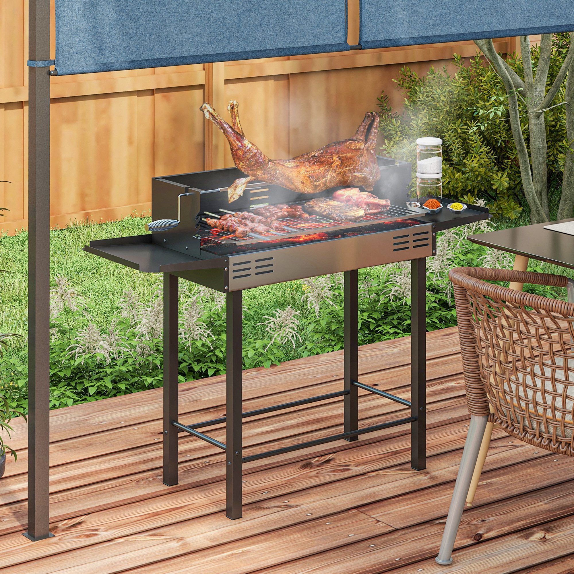 Outsunny Holzkohlegrill Campinggrill klappbar faltbar Garten, Kohlegrill, BBQ Grill, Rostfreier Stahl+Metall Schwarz 118 x 32 x 90 cm