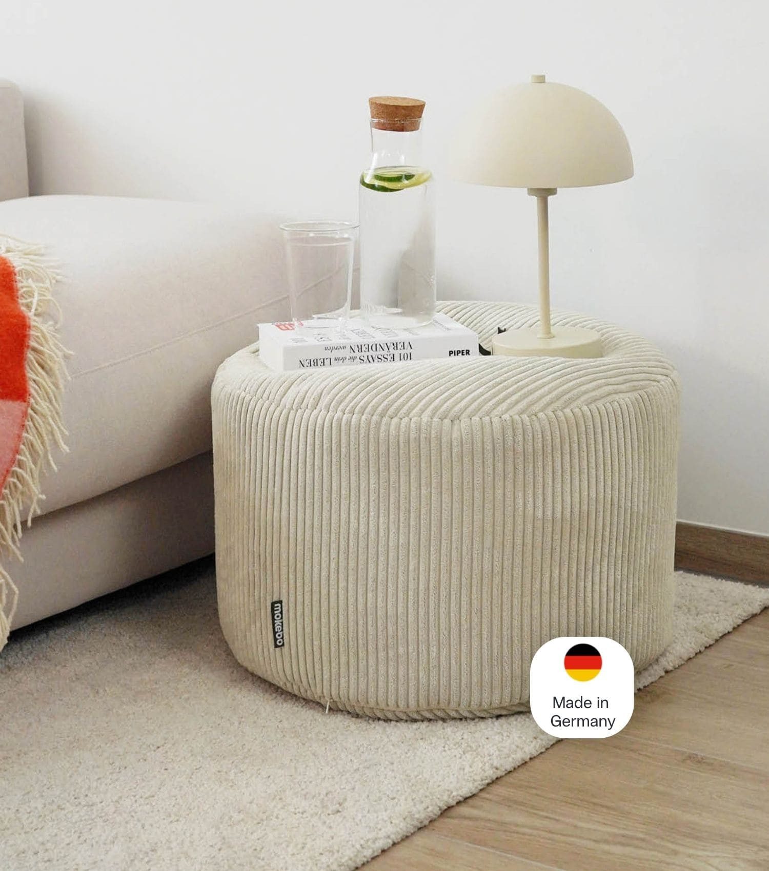 mokebo Pouf Mochi (rund und aus Cordstoff), Made in Germany, Sitzhocker, Bodenkissen, Fußhocker in Beige