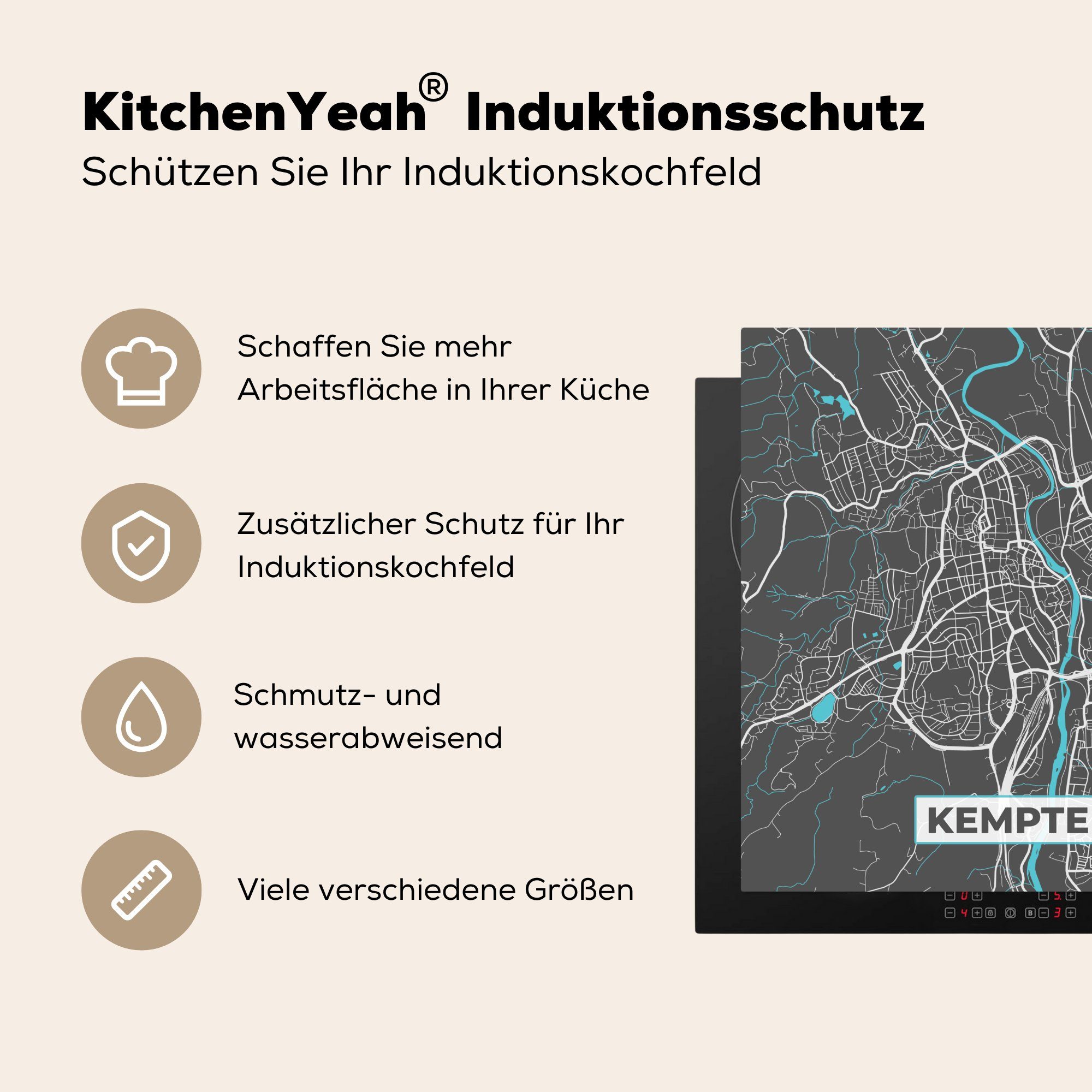 78x78 Vinyl, Kempten MuchoWow Ceranfeldabdeckung, Herdblende-/Abdeckplatte - Karte, - (1 cm, Arbeitsplatte tlg), für - Deutschland - Blau küche Stadtplan