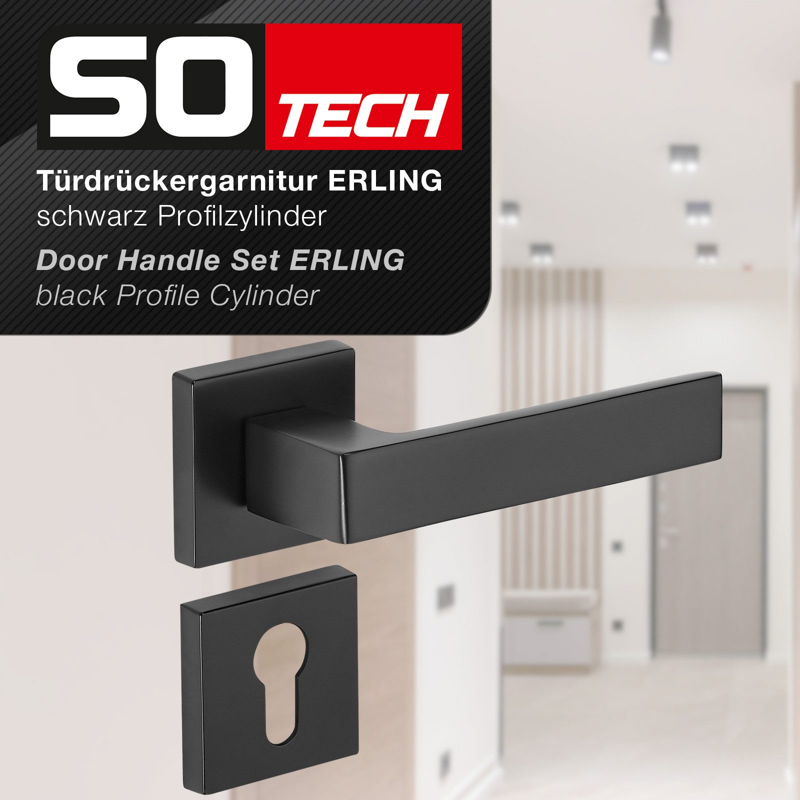 SO-TECH® Drückergarnitur Türdrücker ERLING Aluguss schwarz inkl. Befestigungsmaterial, Spar-Set, 1-tlg., mit Papier-Bohrschablone, mit PZ-Rosetten - für Profilz – Bild 2 von 5