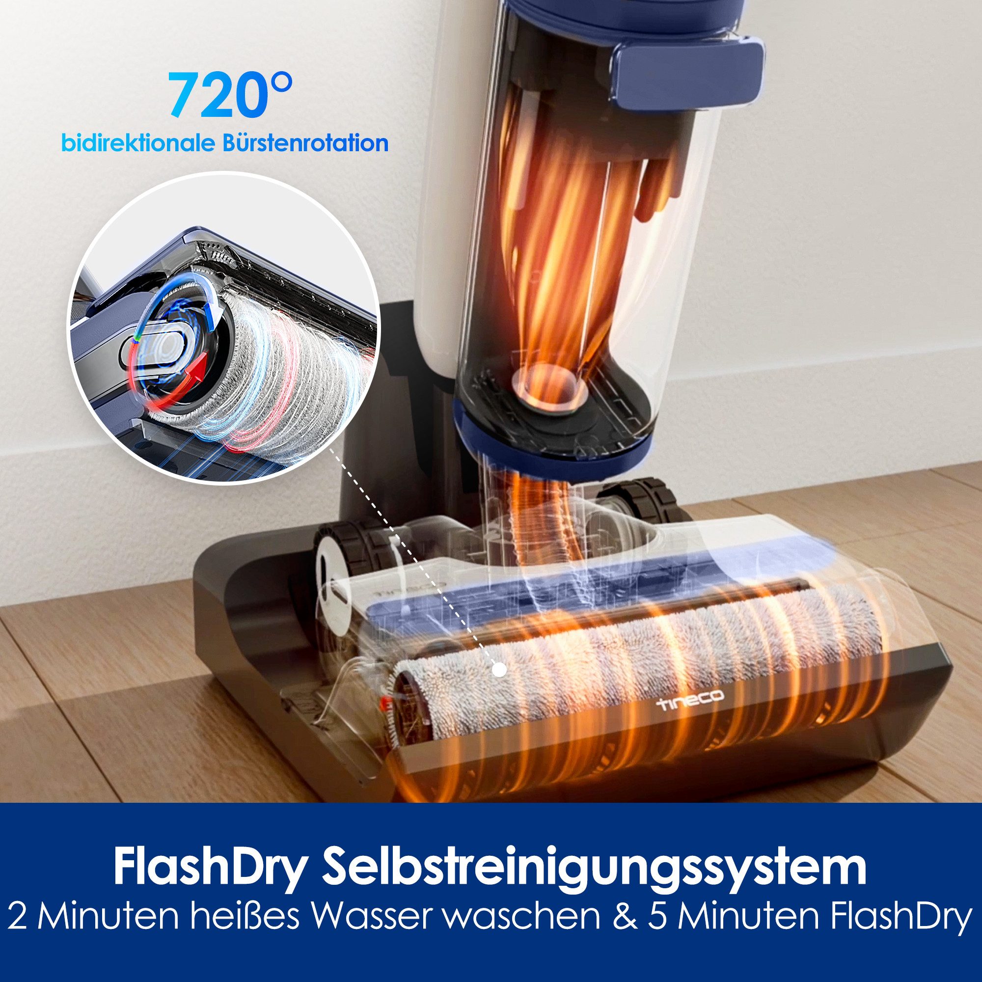 Tineco Nass-Trocken-Sauger Floor One S7 Flashdry PET, 70° Grad Heißluft-Trocknung, Selbstantrieb, 230 W, beutellos, beidseitige Kantenreinigung, automatische Saugleistungsanpassung