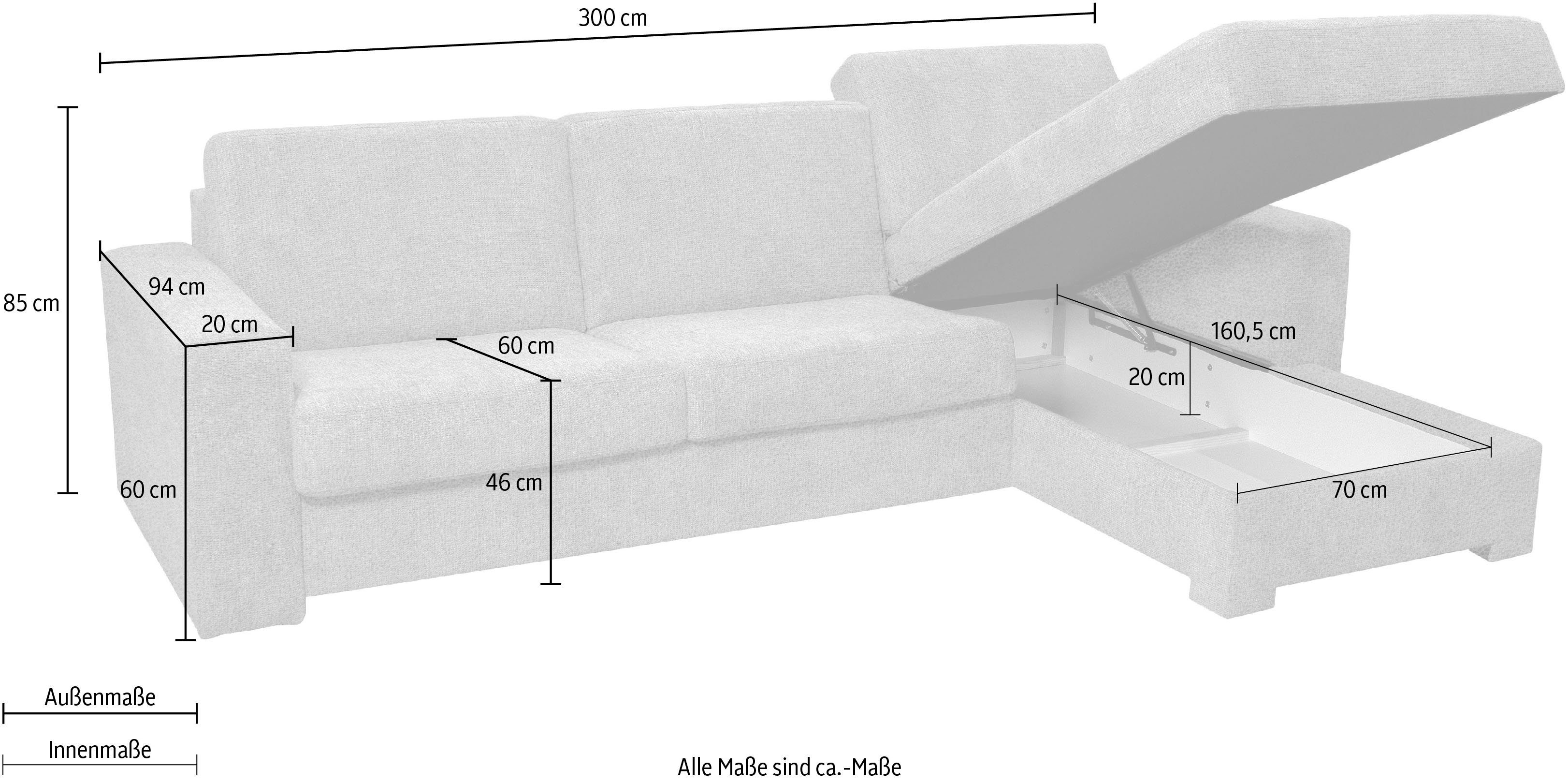 Ecksofa mit Unterfederung, 163x198 Dauerschlaffunktion, ca Roma Liegemaße "L", cm affaire Home