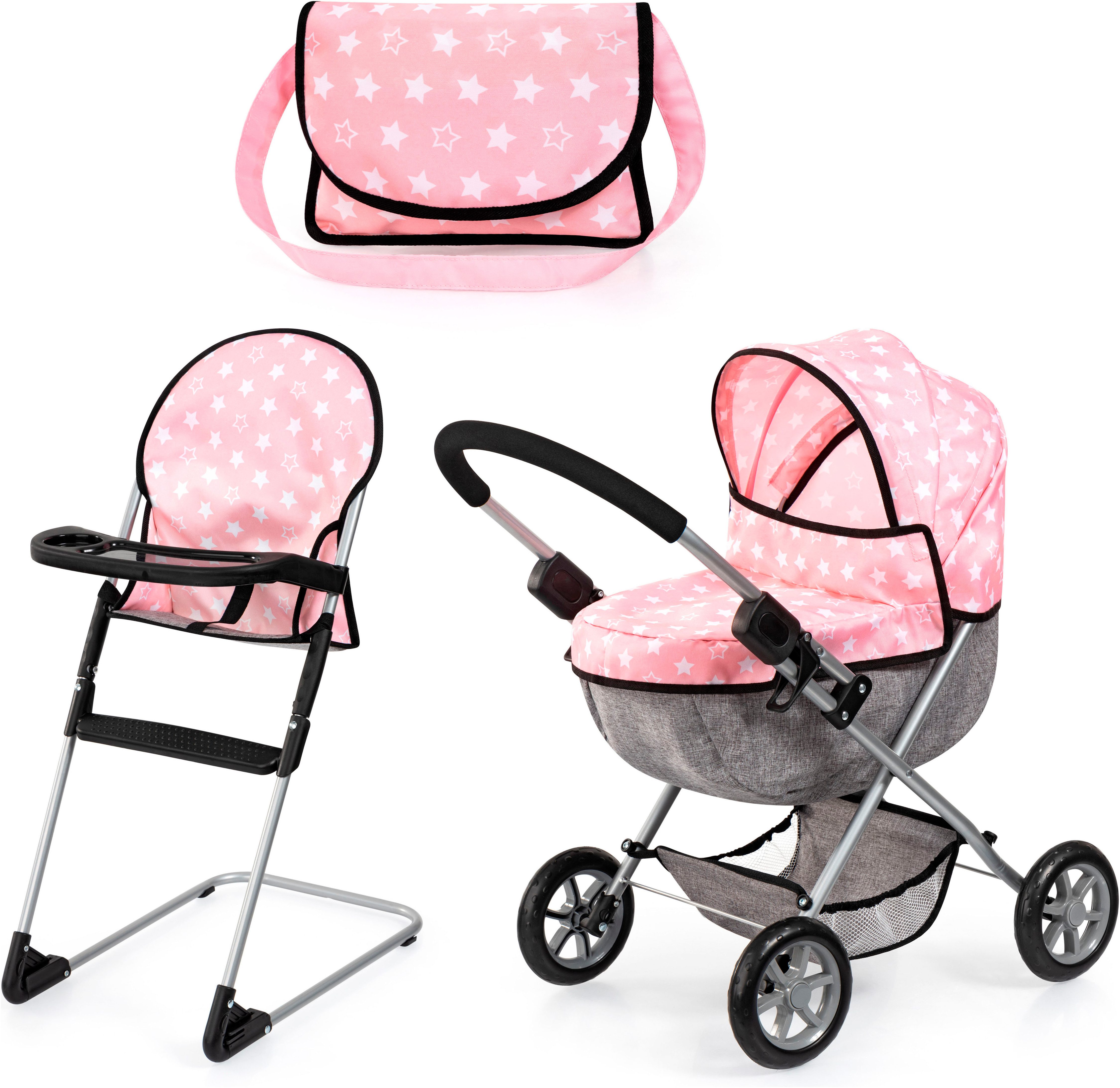 Bayer Puppenwagen Cosy Set, rosa, mit Puppenhochstuhl und Wickeltasche