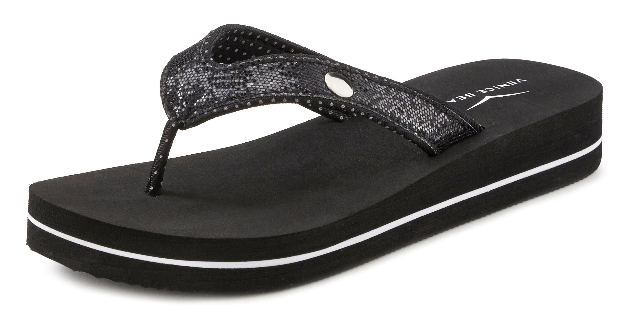 Venice Beach Badezehentrenner ultraleicht schwarz Sandale, Glitzerband mit VEGAN Badeschuh Pantolette