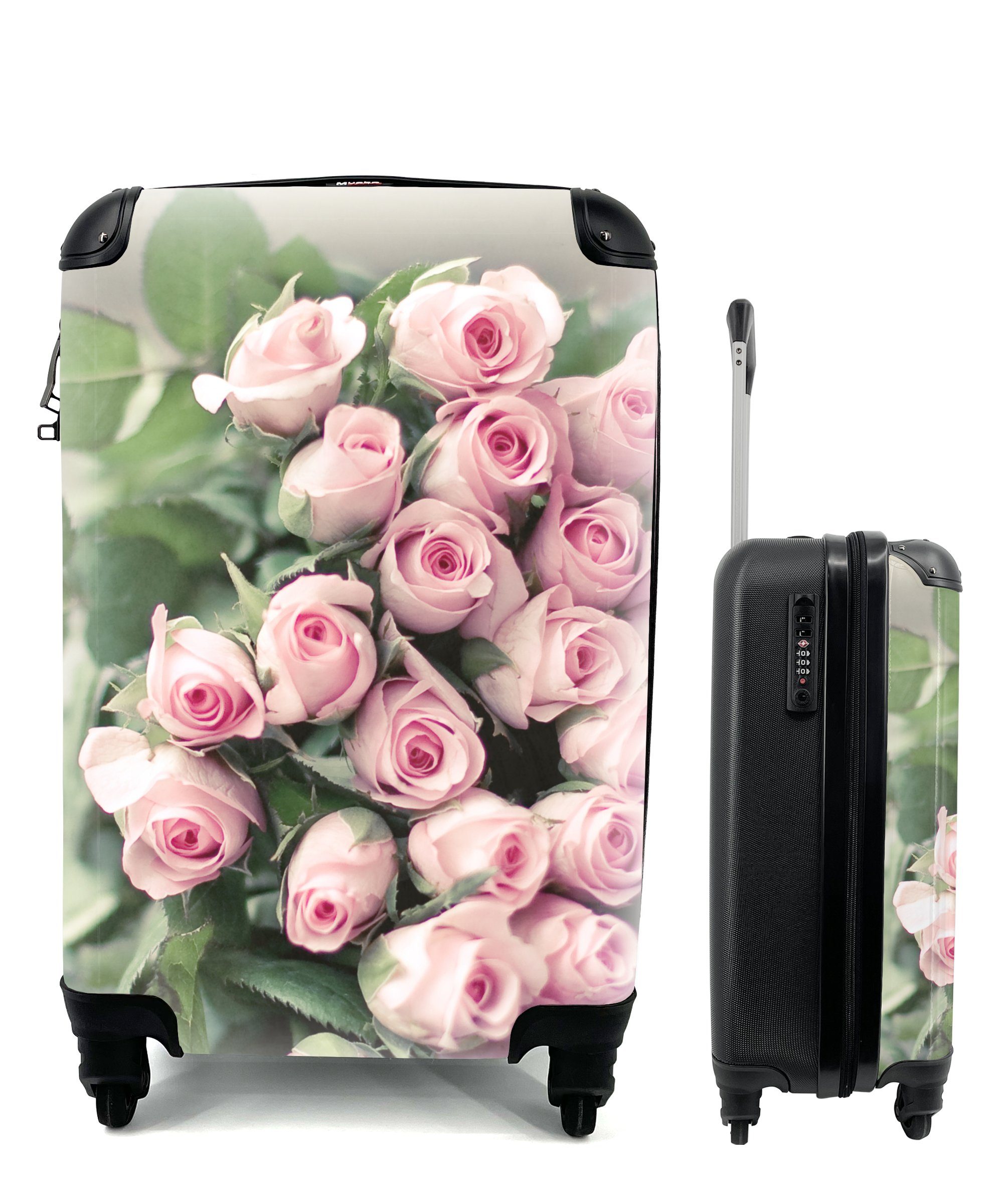Rollen, Reisekoffer Ein Ferien, Trolley, Reisetasche 4 auf für mit MuchoWow Handgepäck großes Buch mit Tisch., einem Handgepäckkoffer Rosen rosa liegt rollen,