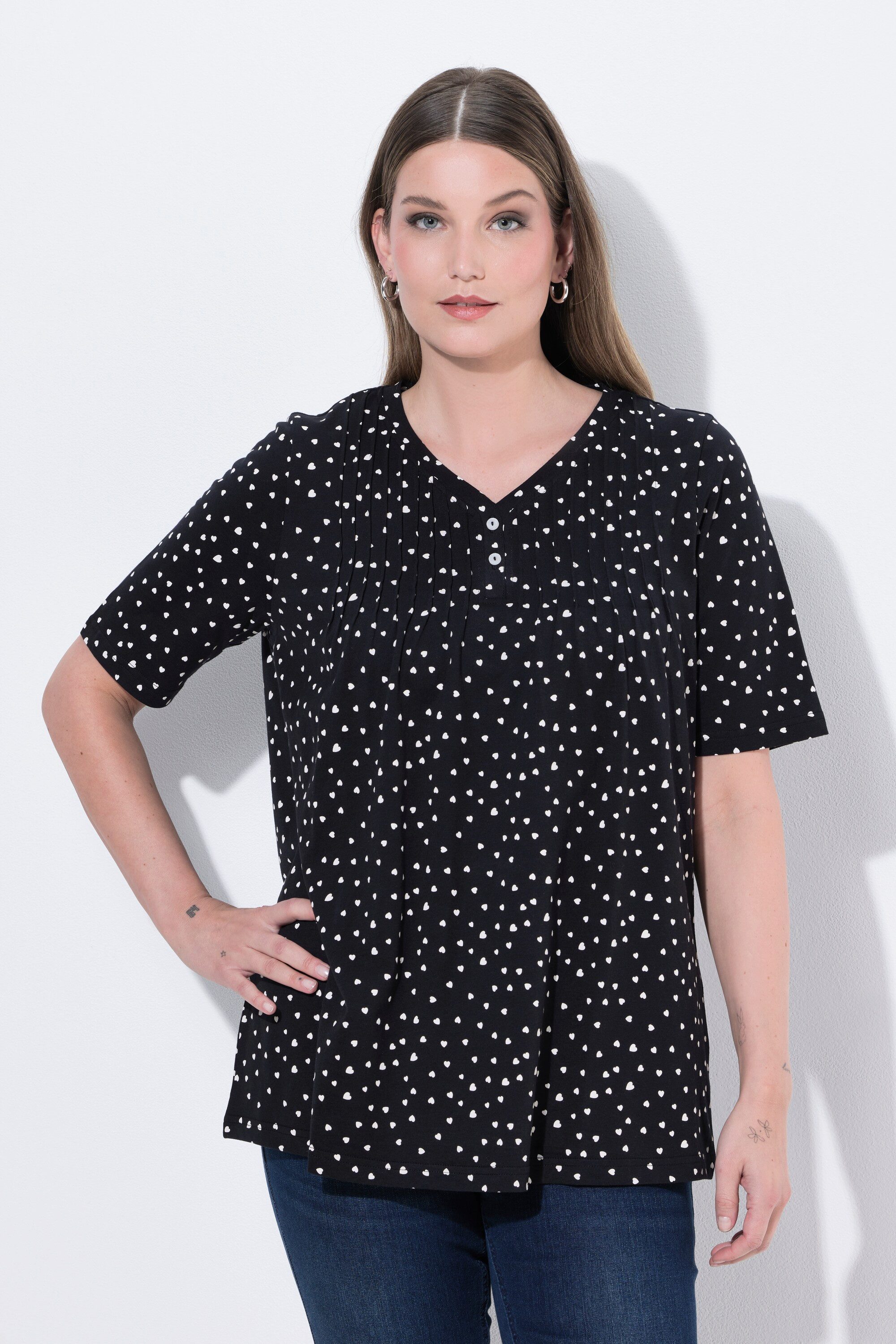 Ulla Popken T-Shirt T-Shirt Biesen A-Linie V-Ausschnitt Halbarm