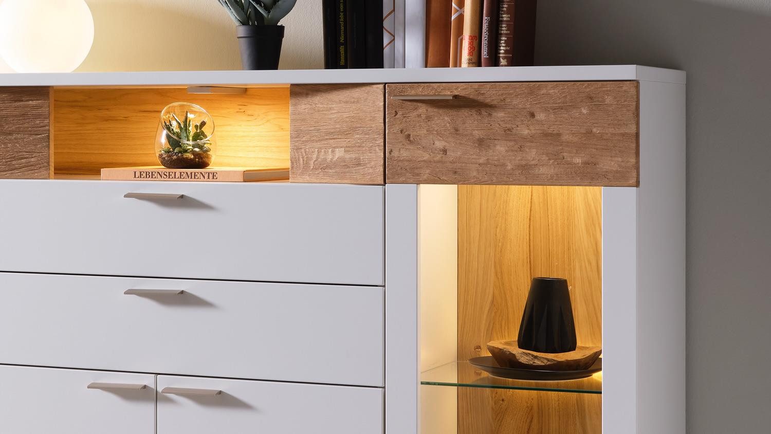 Möbel Akut Highboard Highboard OSLO weiß matt lackiert und Asteiche hell Massivholz
