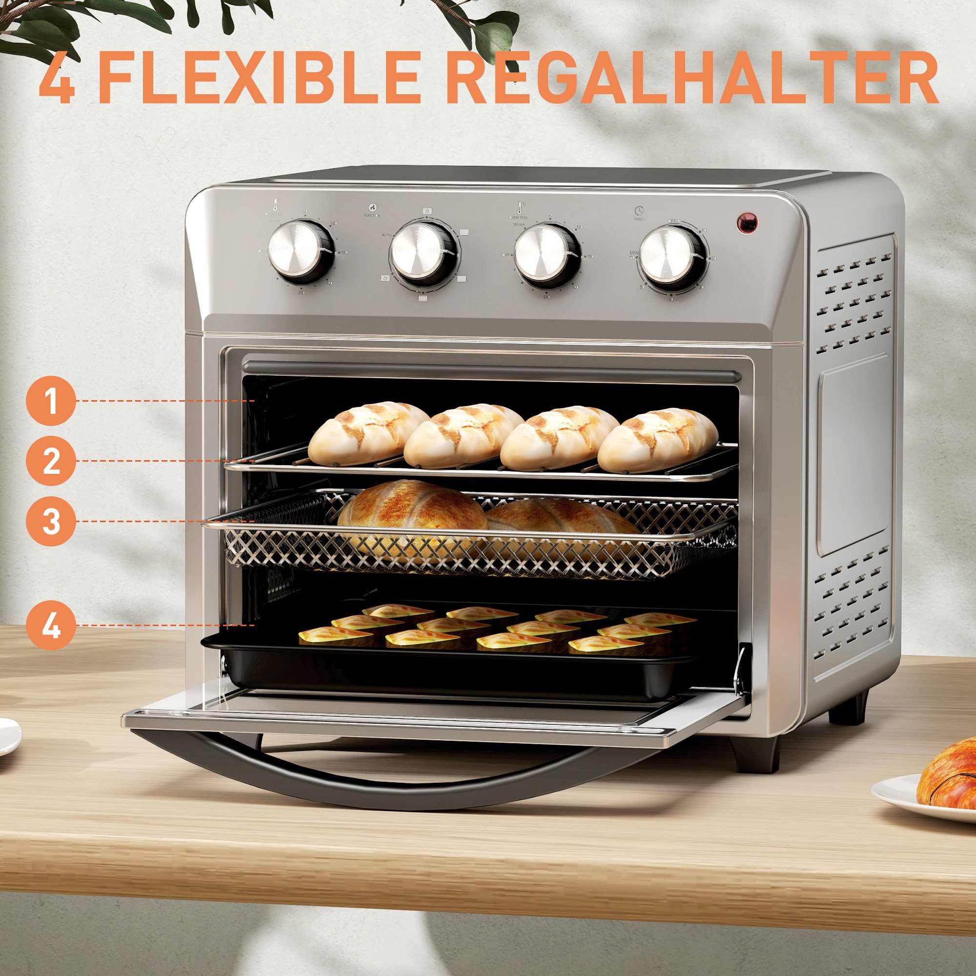 HOMCOM Minibackofen Backofen 10 L 750W 100-230℃ mit Backblech Pizza-Ofen, zum Grillen, Backen, Toasten, Silber – Bild 5 von 5