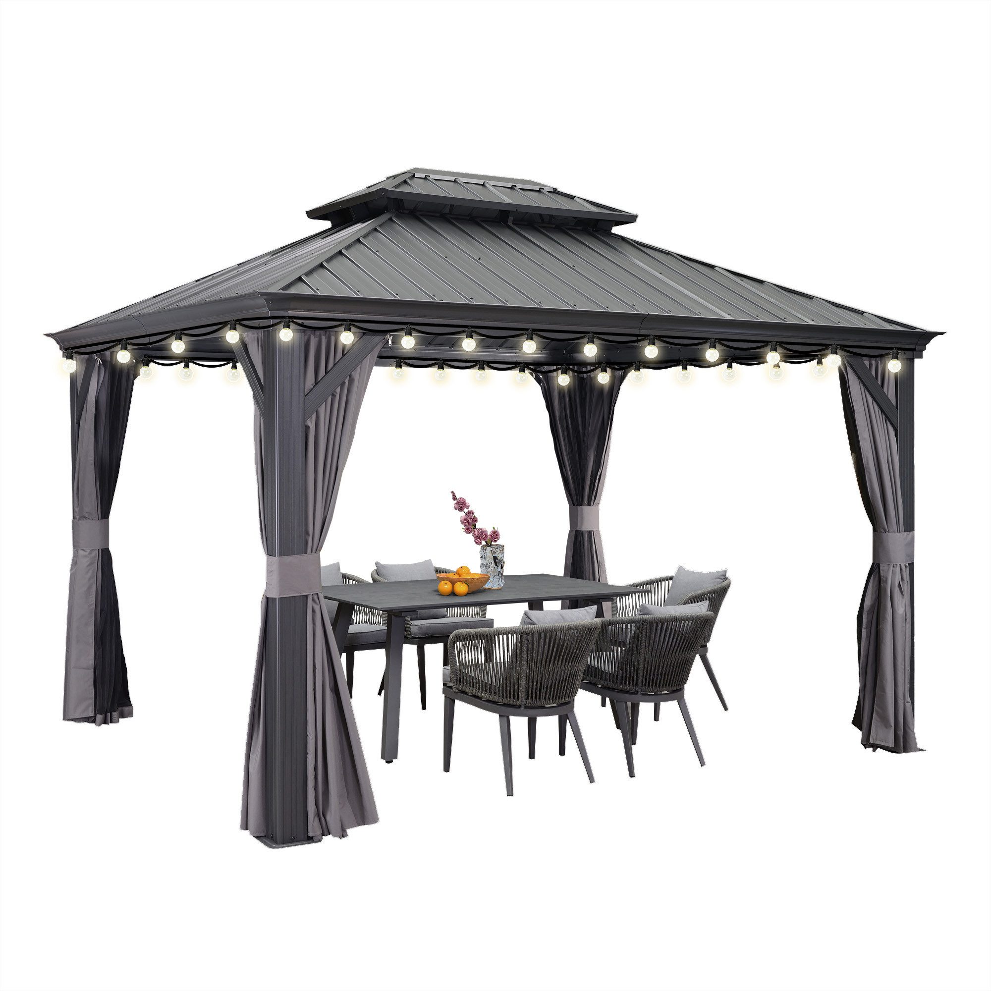 PURPLE LEAF Pavillon Hardtop Aluminium Gartenpavillon mit LED-Lichtern und Seitenteilen