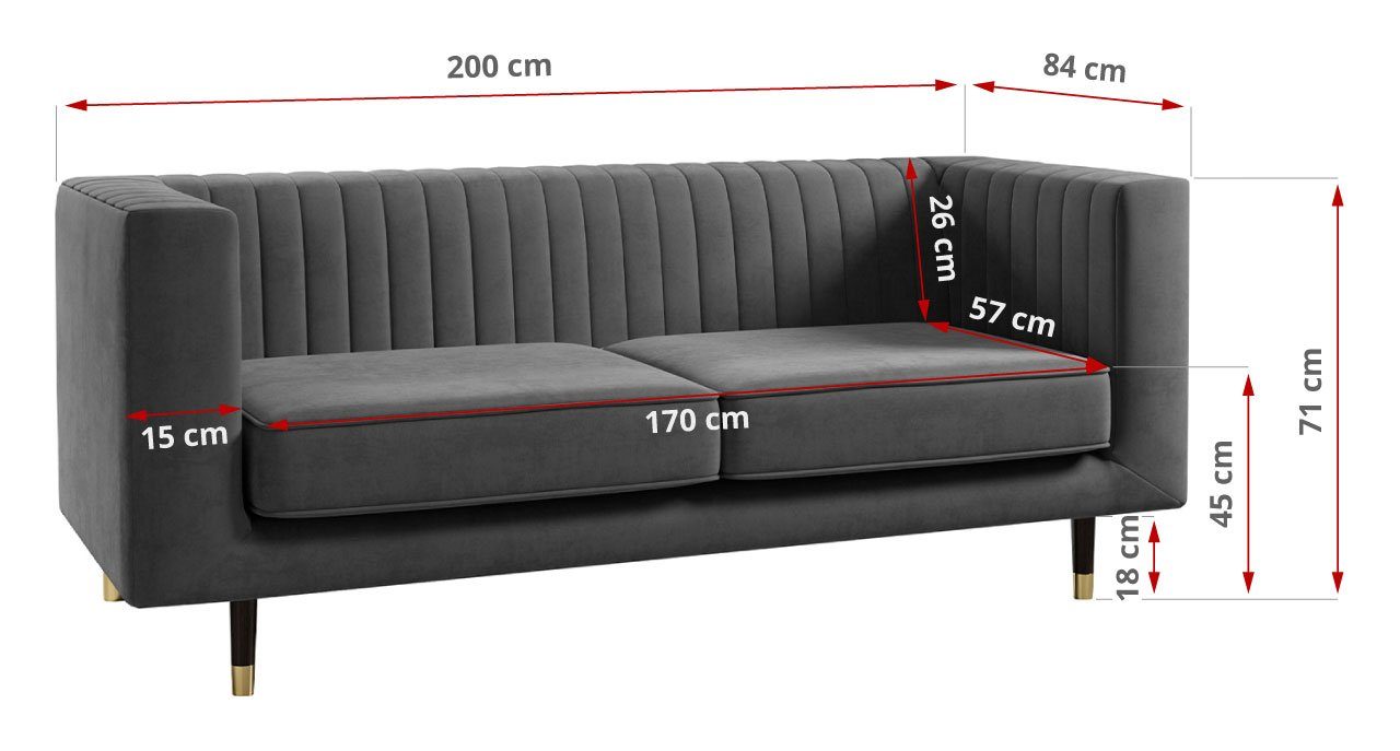 hohen Stil, mit Ein Modern 3, ELMO Paros Dreisitzer-Sofa, Dunkelgrau MÖBEL MKS Beinen, für Wohnzimmer Sofa