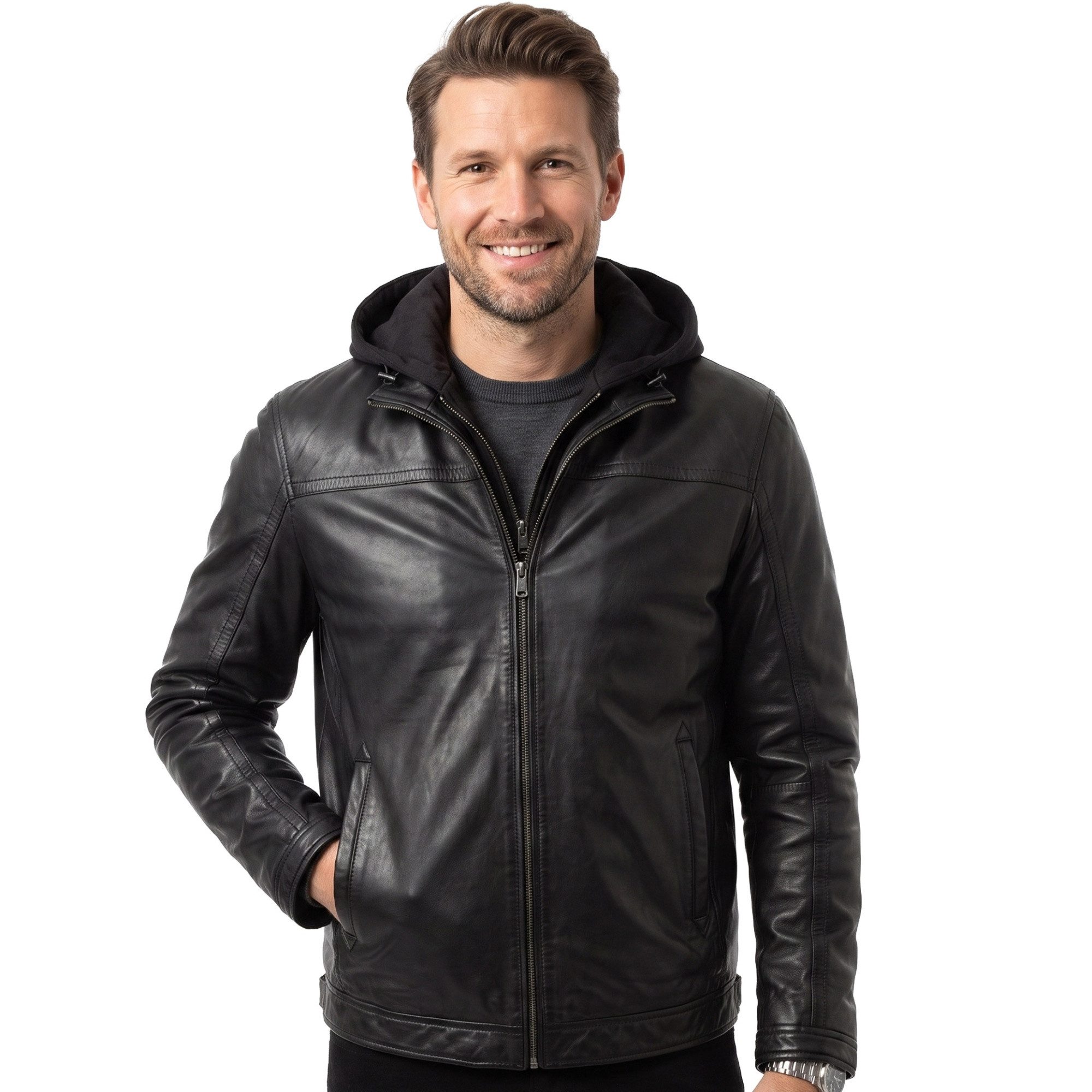 Maddox Lederjacke HJM-89 smart MADDOX - Herren Lederjacke Kapuze Lammnappa schwarz
