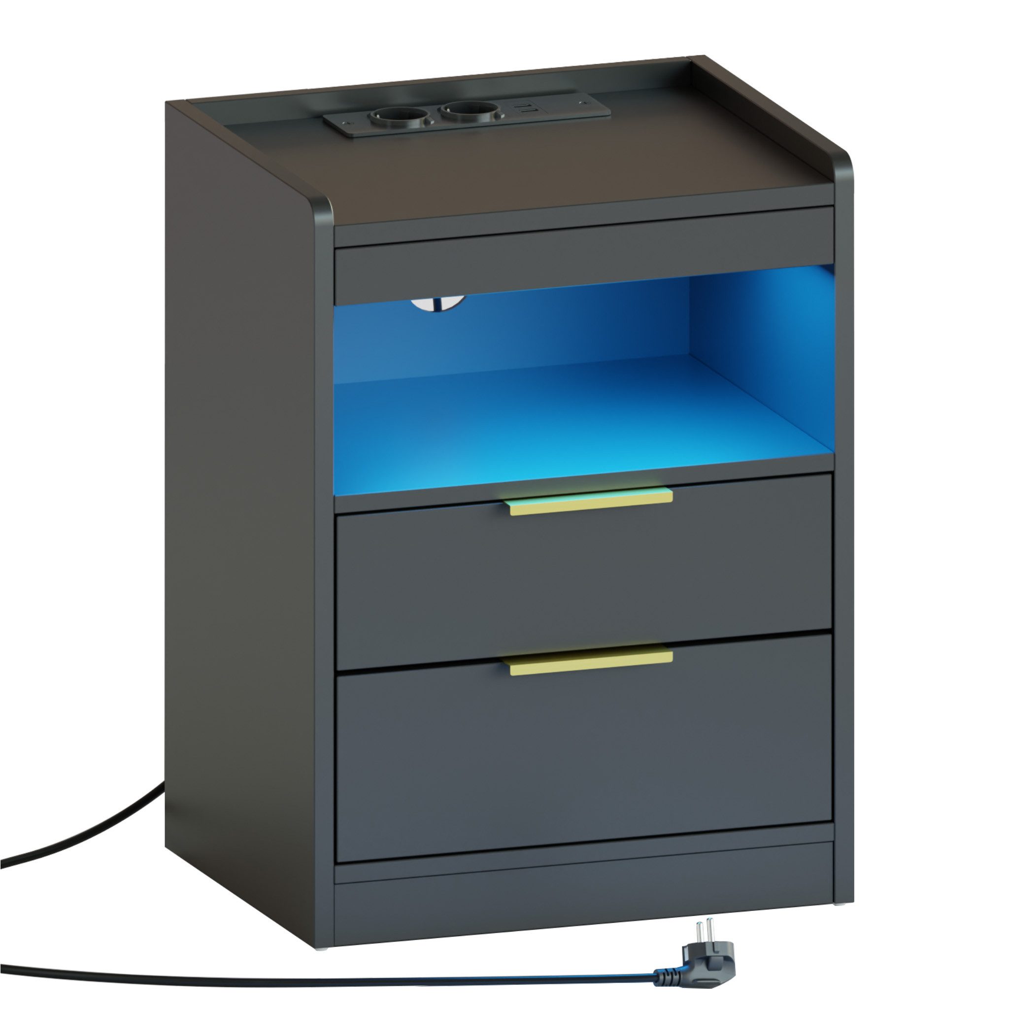 Mondeer Nachttisch LED Nachtkommode (Packung, Beistelltisch mit Steckdosen), mit LED-Beleuchtung & 2 USB Ladestation, 3 Schubladen