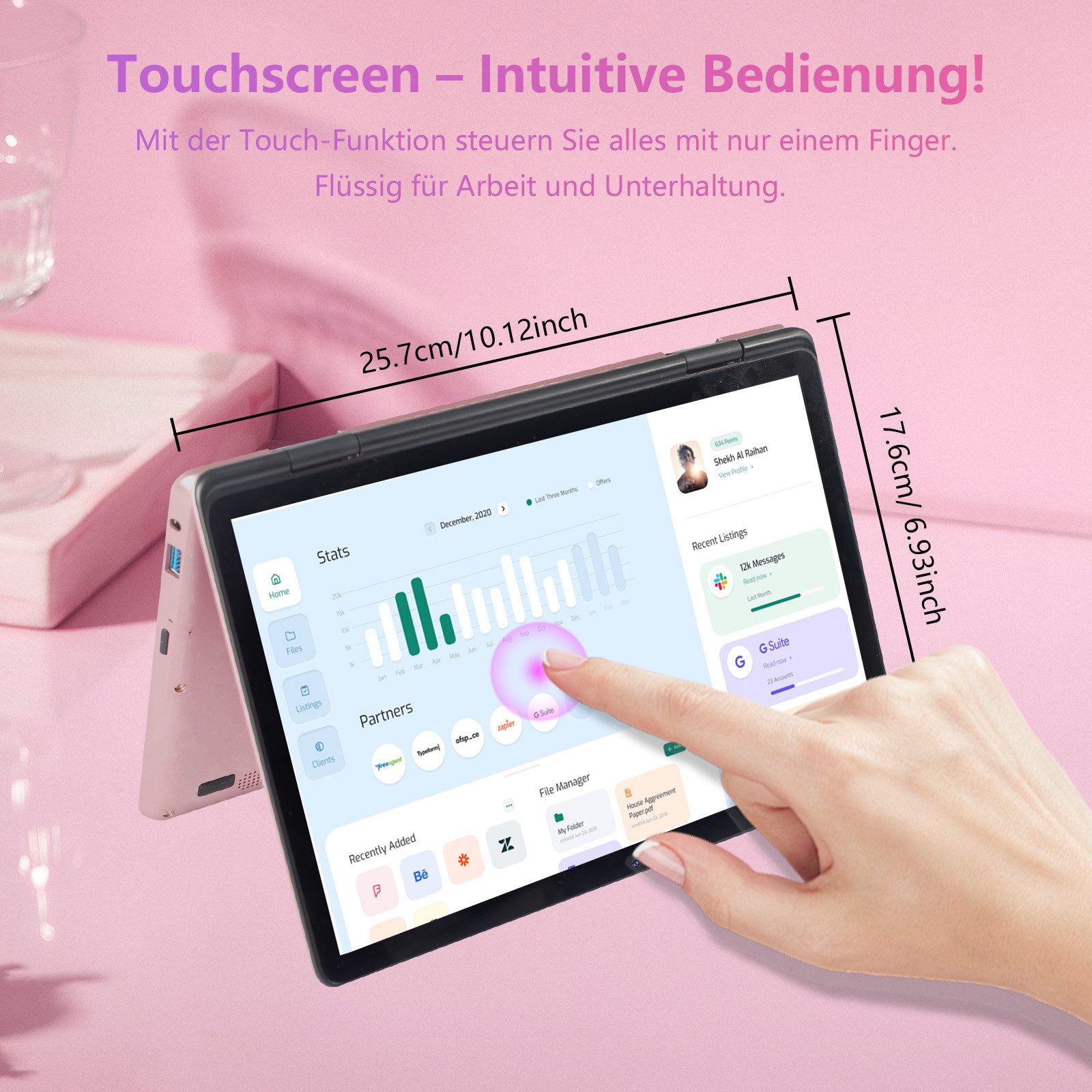 LONGEVINCE 2-in-1 Touchscreen Laptop 10,95", 16GB RAM Notebook (27,81 cm/10,95 Zoll, Intel, Intel UHD Graphics, 16 GB, 256 GB SSD, 360° Convertible, Intel N100, Windows 11 Pro, 4000mAh Akku) rosa