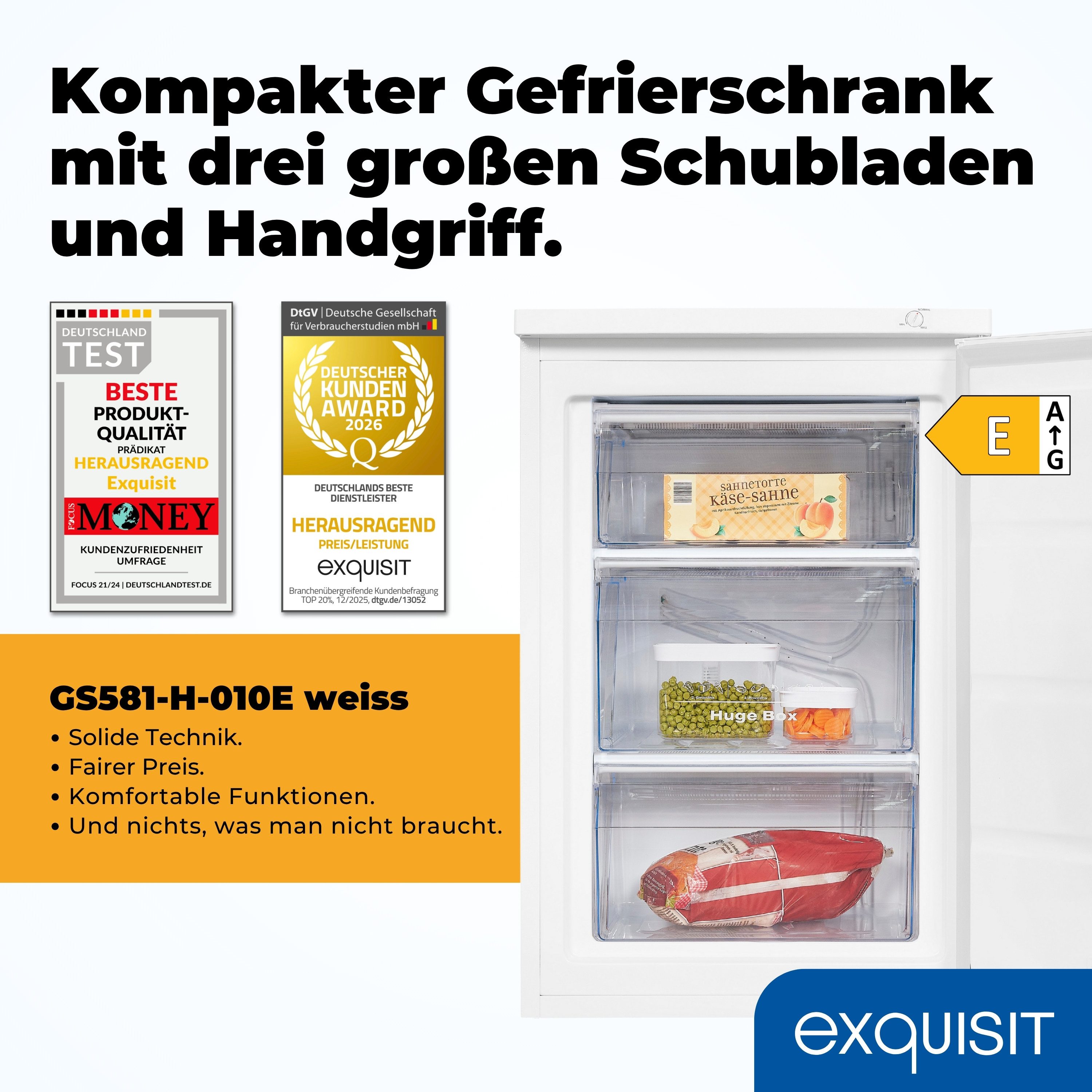exquisit Gefrierschrank GS581-H-010E, 56 cm hoch, 84,5 cm breit,4-Sterne-Gefrieren, Höhenverstellbare Füße, Türanschlag wechselbar