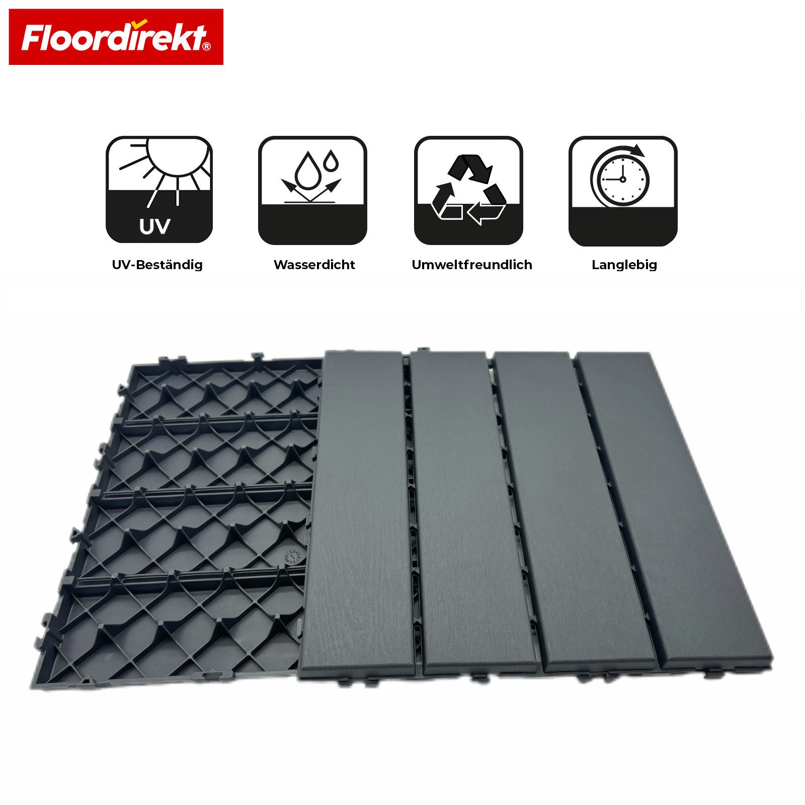 Floordirekt Terrassendielen Klickfliesen Elyse 30x30 cm Grau wetterfester Bodenbelag Polypropylen, (1-St., Witterungsbeständig, formstabil, UV-resistent, umweltfreundlich), Klicksystem für einfache, werkzeuglose Verlegung