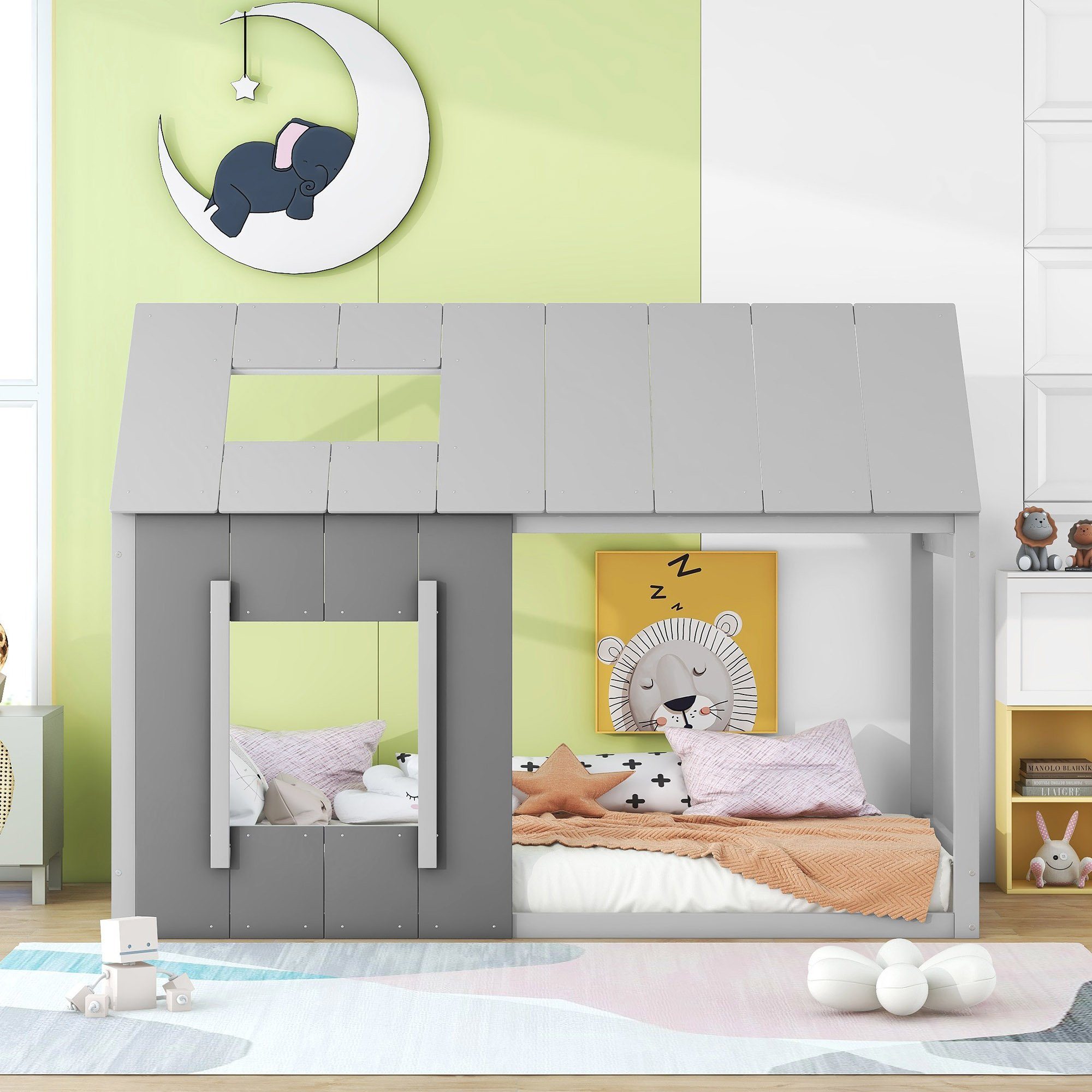 und Fenster Kinderbett, Hausbett mit Einzelbett Dach 90x200cm Massivholz Flieks grau