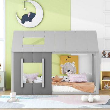 Flieks Kinderbett, Massivholz Einzelbett Hausbett mit Dach und Fenster 90x200cm
