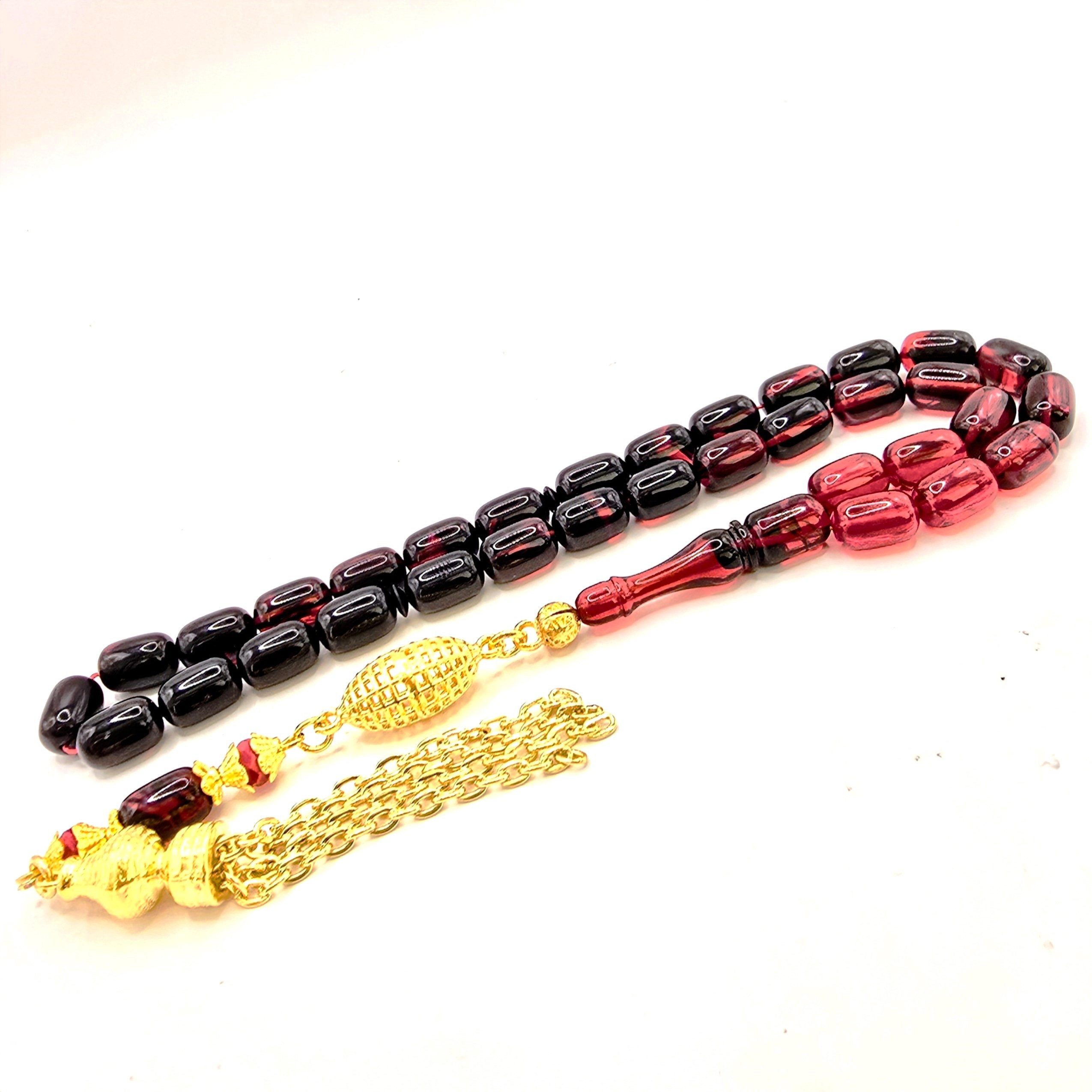 M-Punkt24 Kettenanhänger Tesbih Tespih (Rot - Schwarz, Kirmizi - Siyah, 7x11mm, Kapsül, Gebetskette, Subha, Misbah, inkl. Etui), Vizyon Püskül Gold-Farbig