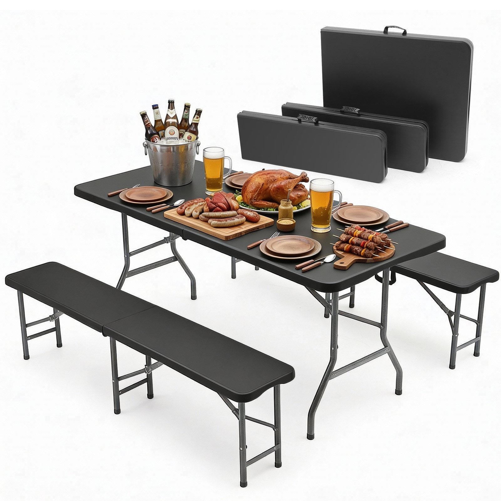 Sekey Bierzeltgarnitur Klappbar Bierzeltgarnitur 180cm Festzeltgarnitur Biertisch Set, 3-teilig, Tisch + 2 x Bierbank, Gartenmöbel Set