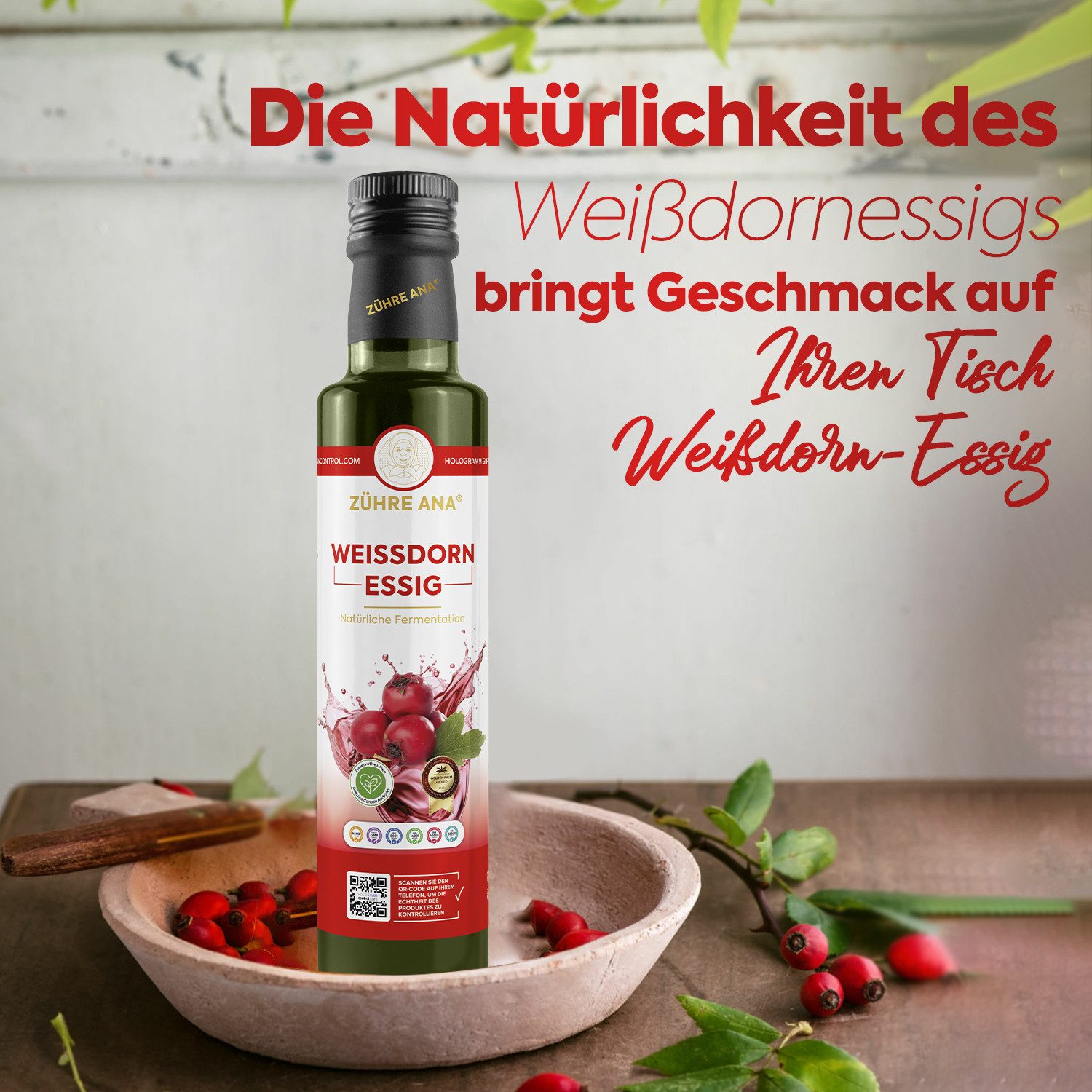 Zühre Ana® Essig Weißdornessig - natürlich fermentiert, Vitamin C., Natürlich Fermentiert