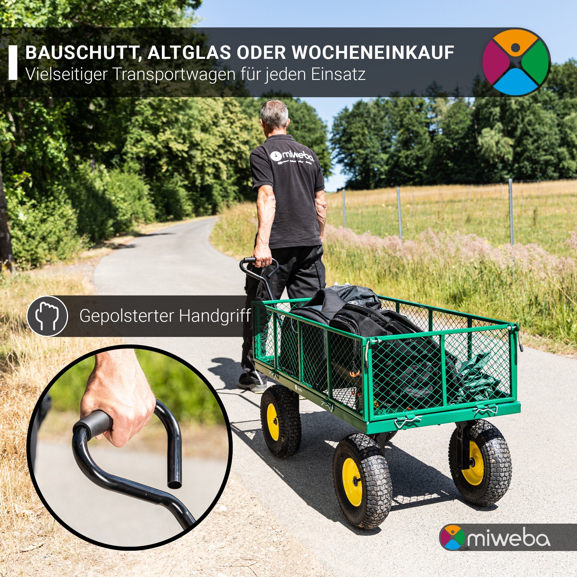 miweba Bollerwagen kompakter Handwagen Gartenwagen MB-700 (bis 700 Kg/220 Liter - Klappbare Wände - Kippfunktion - Anhängerfunktion, 2-tlg., Plane herausnehmbar), Gerätewagen - Faltwagen - Transportkarre - Handkarren