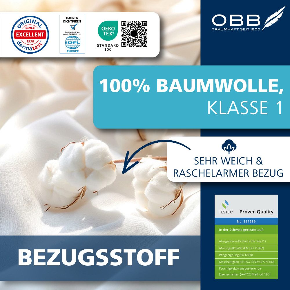 OBB Daunenbettdecke Edition 125 Jahre, Bettdecken für Sommer und Winter, Füllung: 90%Daunen, 10% Federn, Bezug: 100% Baumwolle, Bettdecke 135x200 cm, 155x220 cm & weitere Größen, Made in Germany