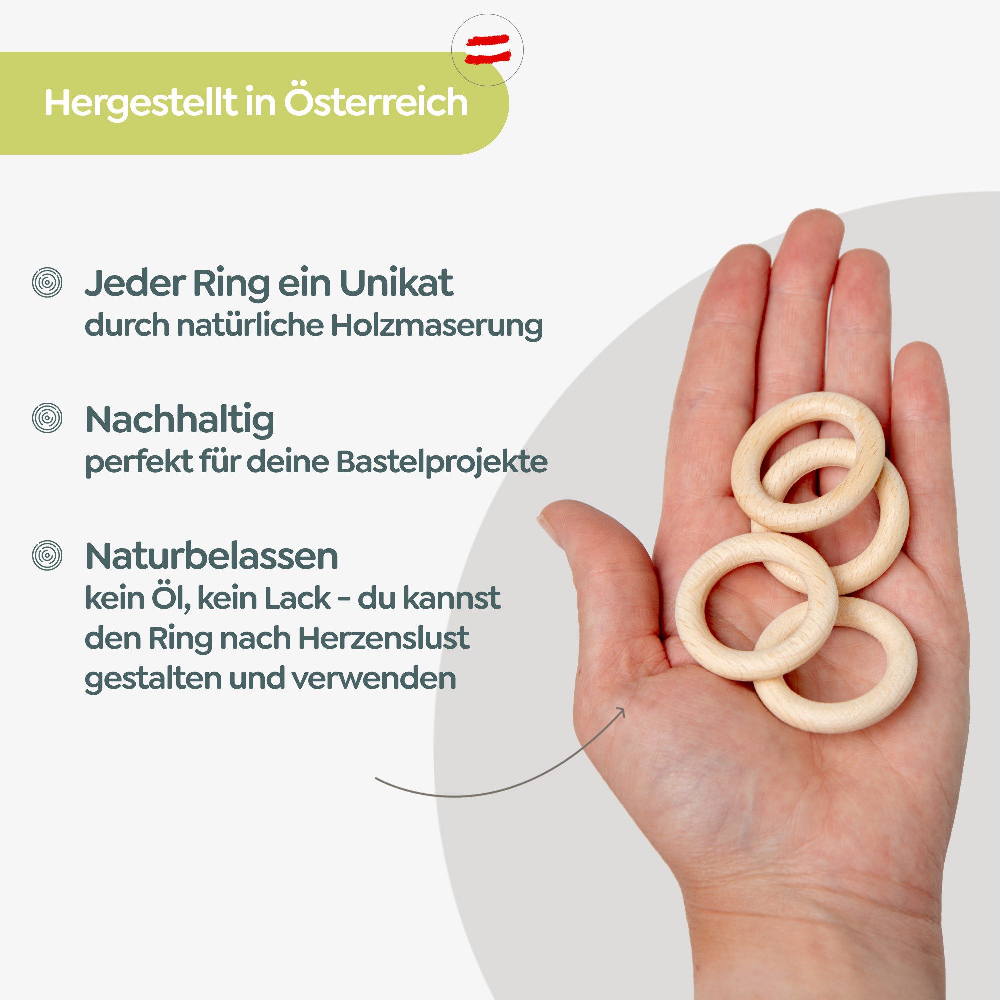 Candini Bastelperlen Holzringe aus Buchenholz zum basteln & Makramee, 30 Stück, Ø 40mm, 8mm Ringstärke