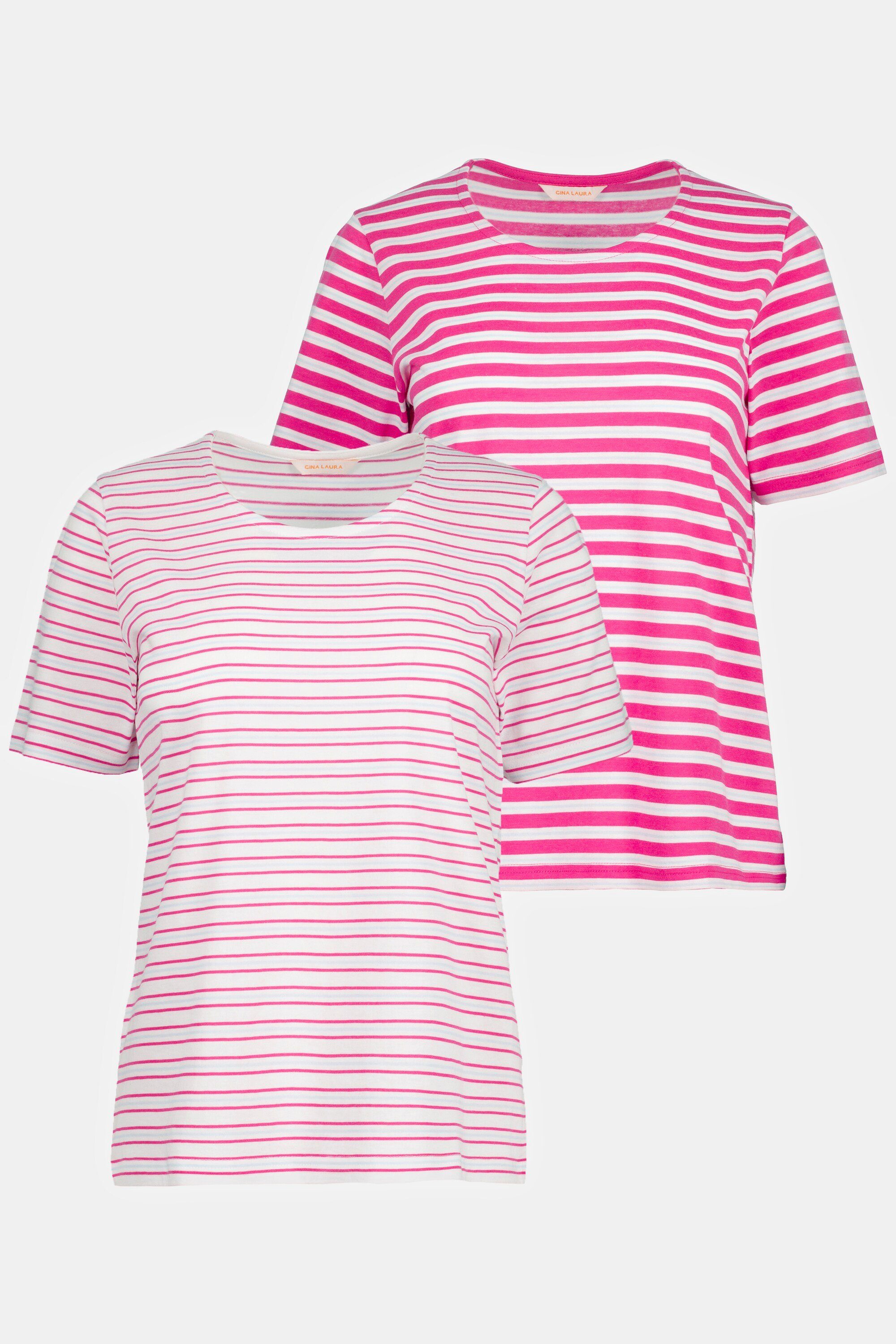 Gina Laura Halbarm Ringel pink Rundhalsshirt T-Shirts 2er-Pack Rundhals (2-tlg)