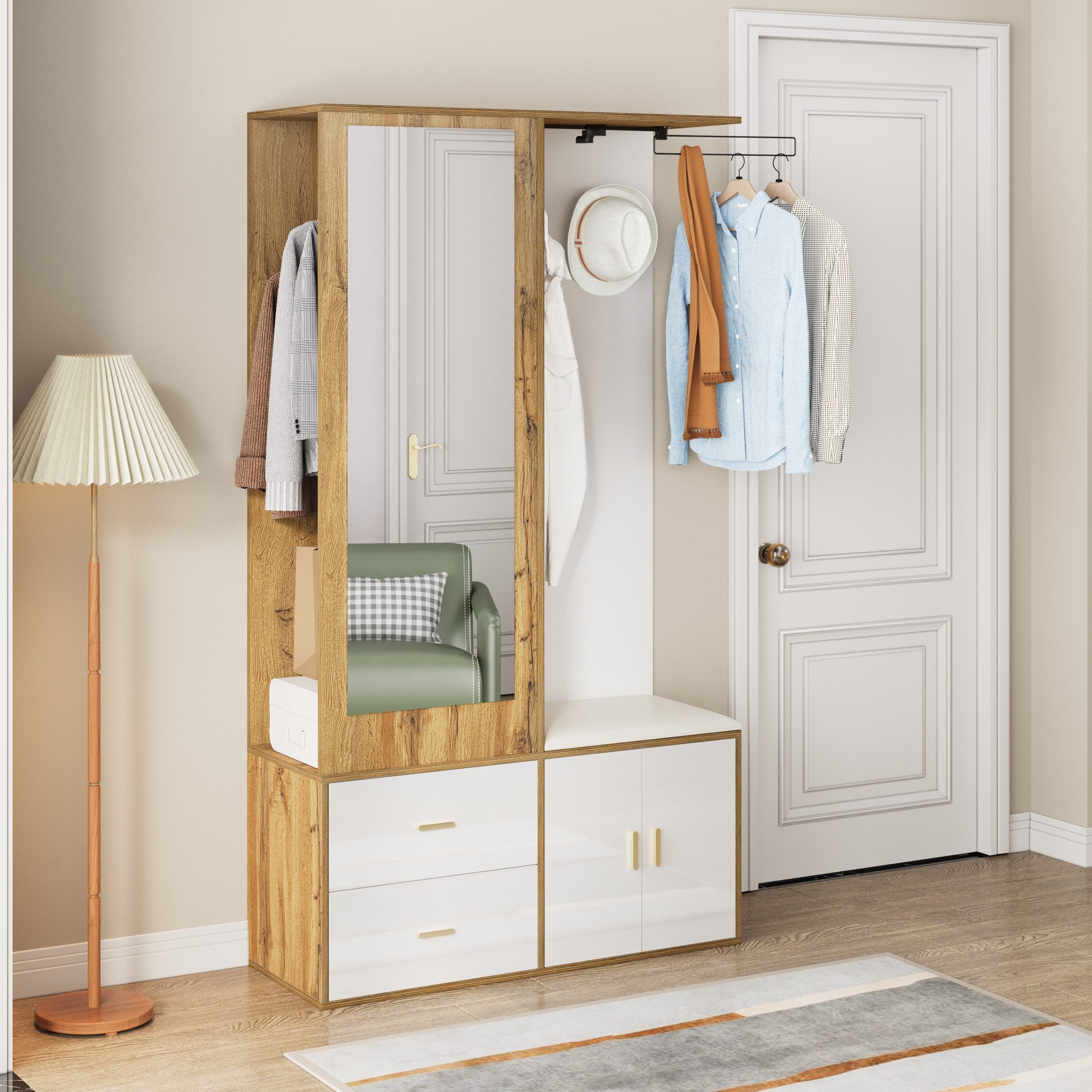 Flieks Garderoben-Set mit Ankleidespiegel, Schuhschrank, Schuhbank, Haken und Kleiderstange, (1-St., B100/T38/H180 cm), Garderobenschrank mit Schublade Garderobenständer Holzoptik