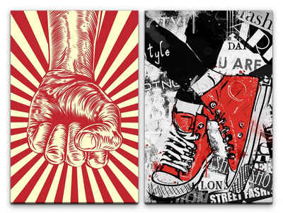 Sinus Art Leinwandbild 2 Bilder je 60x90cm PopArt Sneakers Converse Chucks StreetArt Rot Revolution