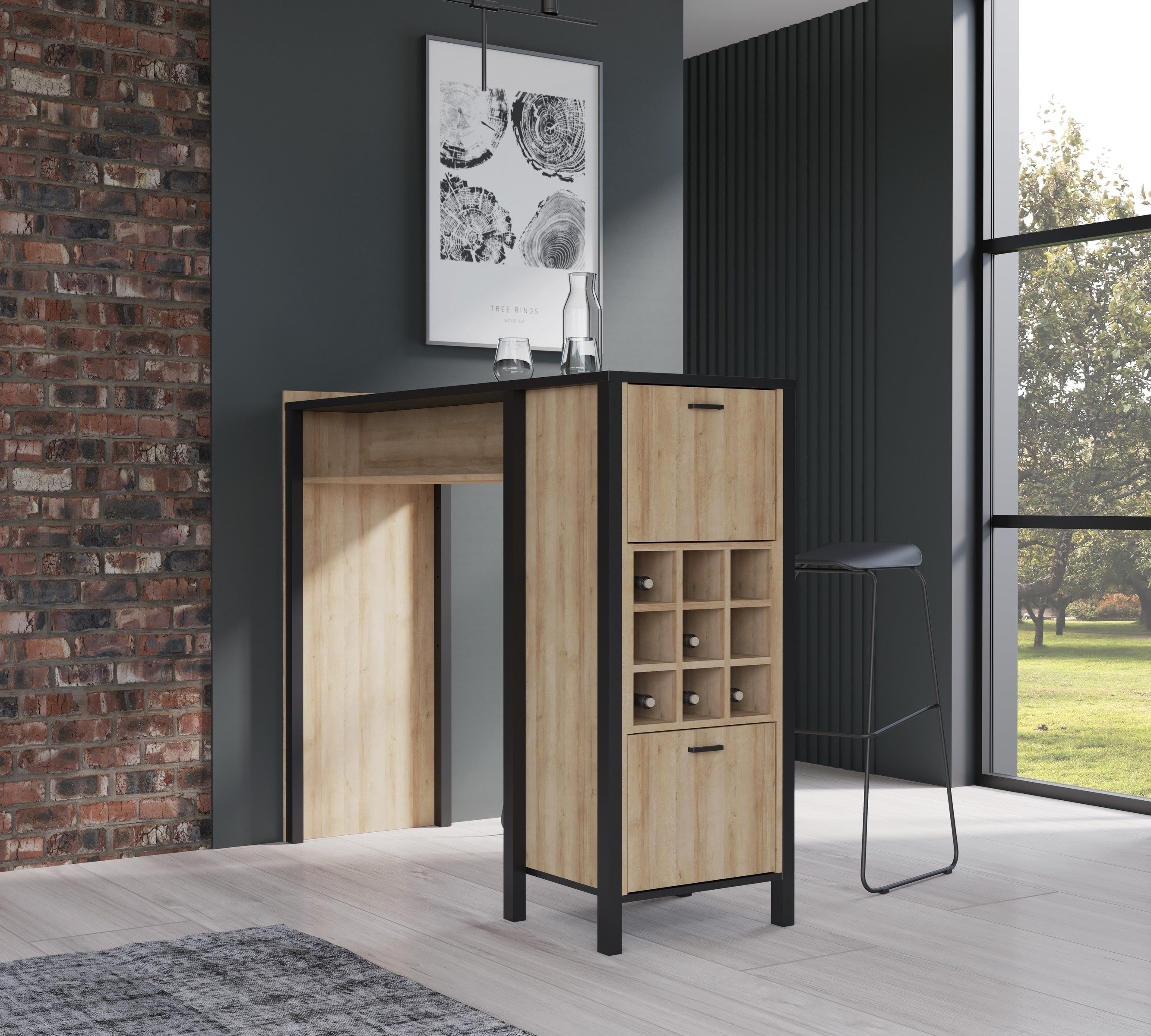 freiraum Bartisch HIGH ROCK, Schwarz, Riviera Eiche, 11x Fach, 2 Türen - 151,5x120,3x49,2cm (BxHxT)