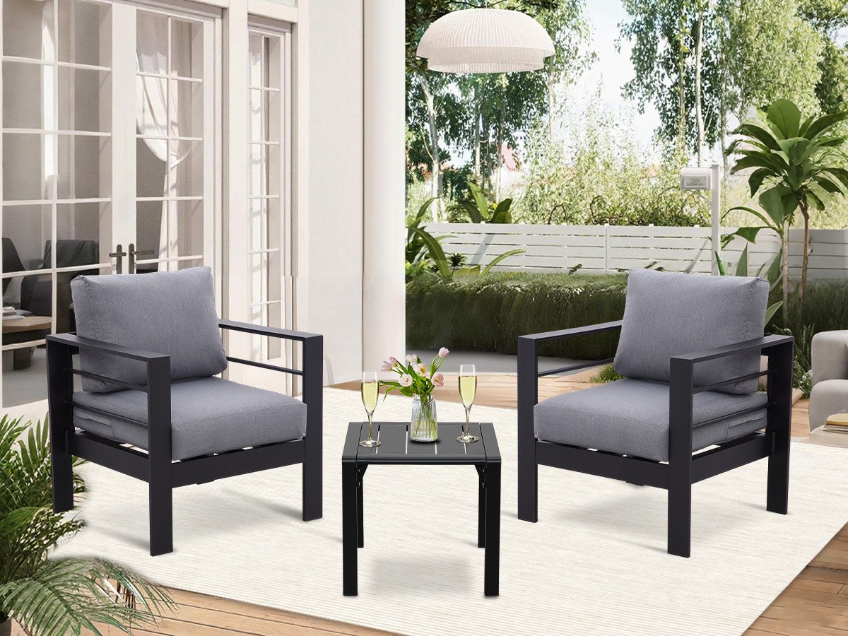 MeXo Gartenstuhl Balkonmöbel Set 2 Sitzer Aluminium wetterfest outdoor mit Gartentisch (12cm Deluxe Relax-Sitzkissen, Belastbarkeit pro Sitzplatz 140kg), Bistroset mit Balkontisch Gartenmöbel 2er Set kleiner Balkon