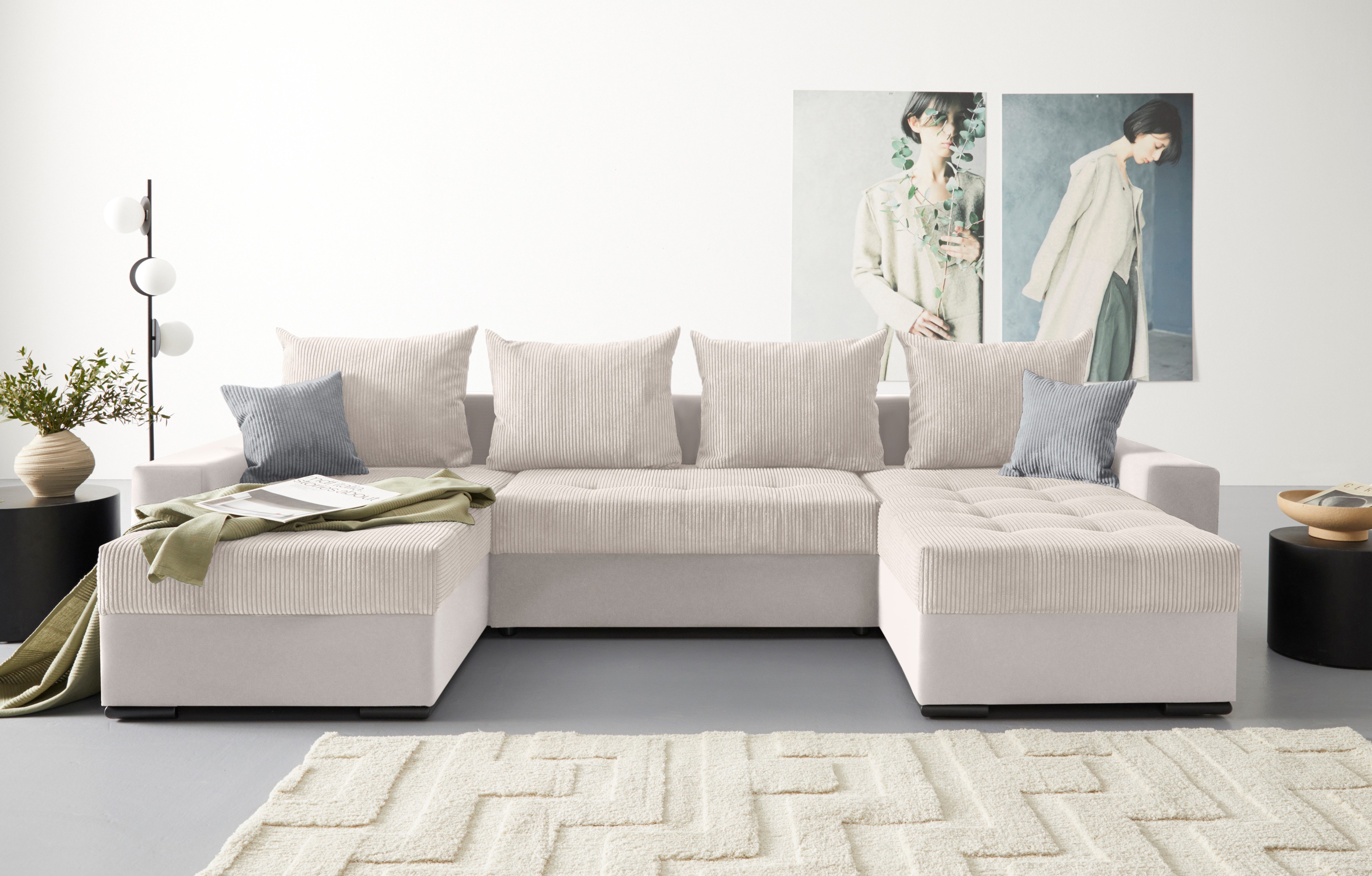COLLECTION AB Wohnlandschaft Josy XL U-Form, B: 313 cm in Cord, Cord-Mix, mit Bettfunktion, Bettkasten & 2 Zierkissen, Federkern