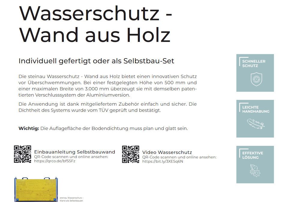 steinau Schutzwand Wasserschutz Wand aus Holz für Türen, Tore und Fenster - TÜV geprüft