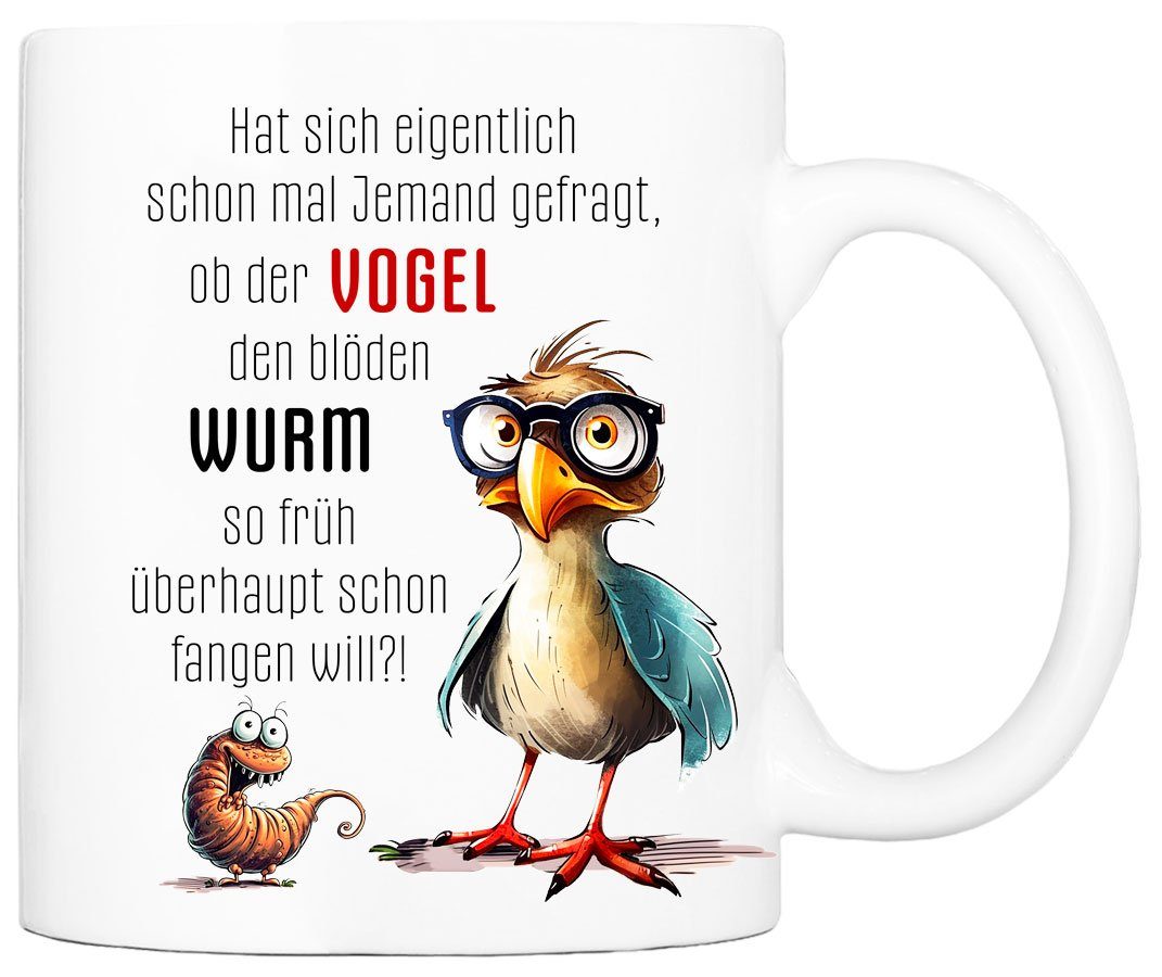 Kaffeetasse Keramik, Cadouri 330 & bedruckt, handgefertigt, Tasse, Tasse Bürotasse, WURM mit beidseitig - Geschenk, VOGEL humorvolle ml Spruch