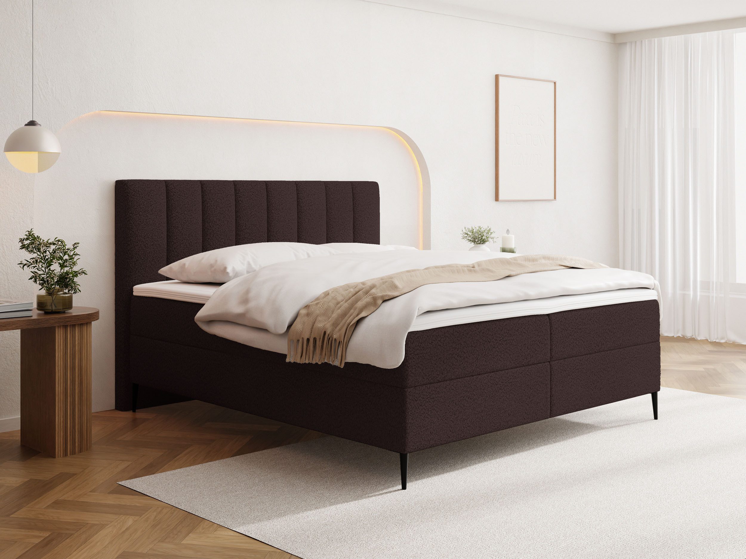 WFL GROUP Boxspringbett mit Bettkasten, Gepolstert in Boucle oder Samt Stoff, höh Kopfteil (erhältlich in 5 Größen: 120x200, 140x200, 160x200, 180x200, 200x200 cm), Doppelbett mit H4 Pocket Matratze, Foam Topper & Stauraum, Made in EU