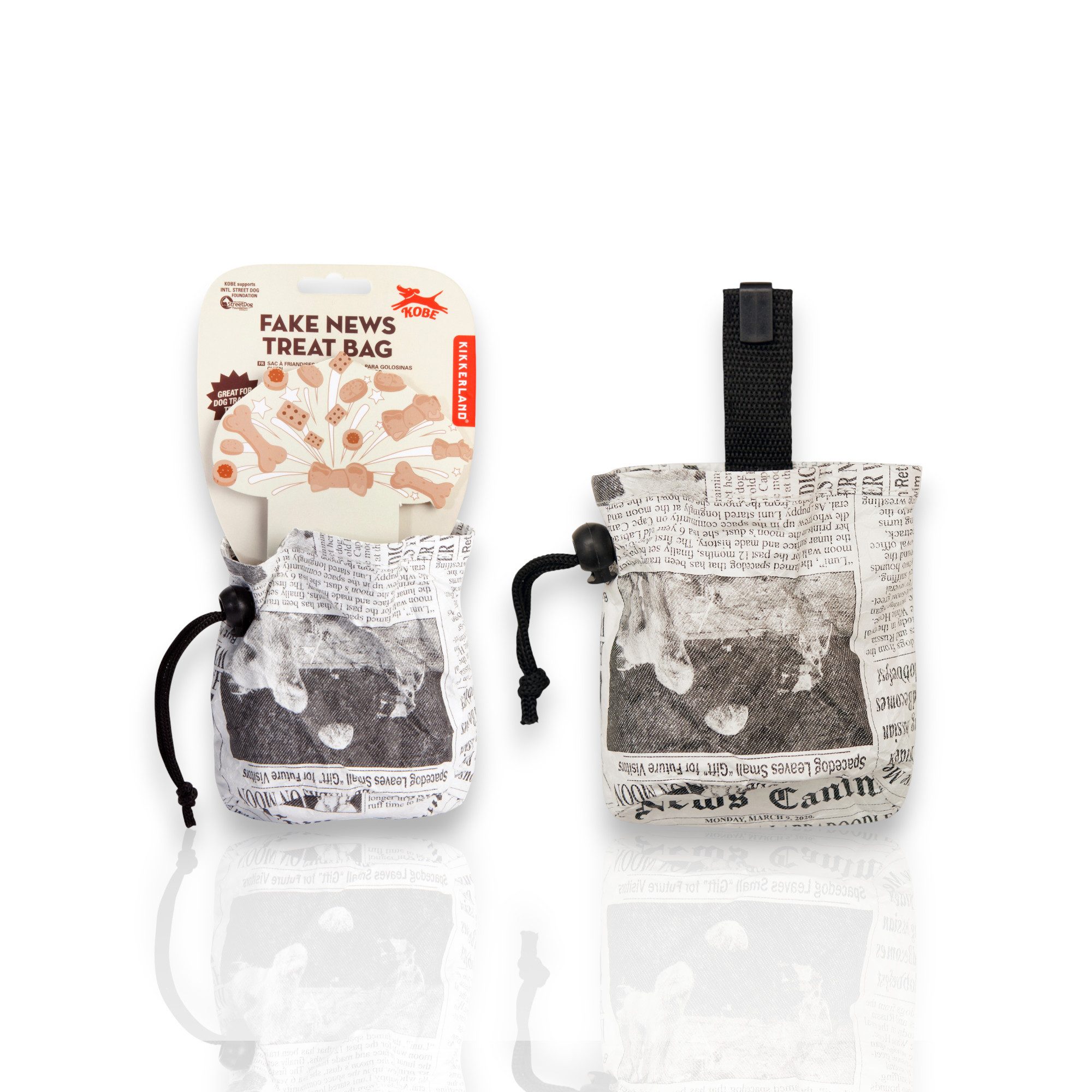 WestCraft Leckerlibeutel Fake News Leckerlibeutel für Hunde mit Kordelzug - Hundefutter-Beutel (1-tlg), Futtertasche im Zeitungsdesign, 2 Tassen Volumen, einhändig bedienbar